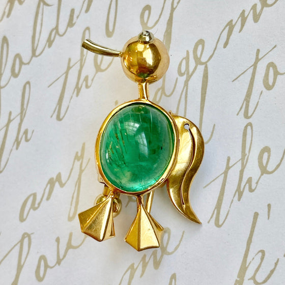 Vintage French 18K Yellow Gold Emerald Bird Brooch