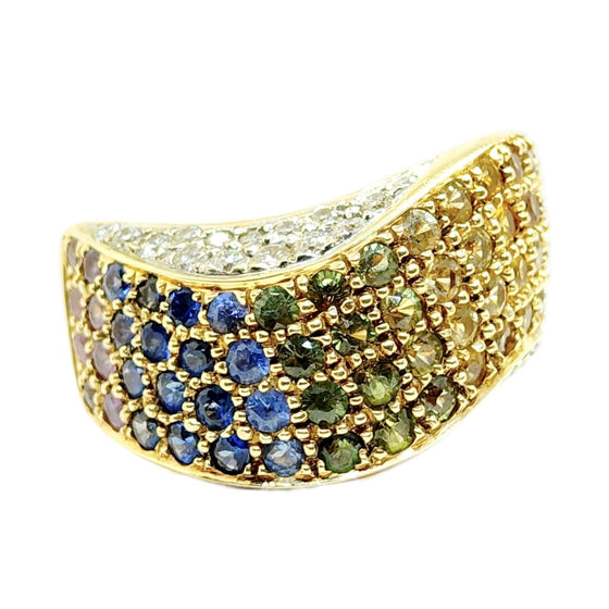 Vintage 18K Multi Color Sapphire and Diamond Band Ring
