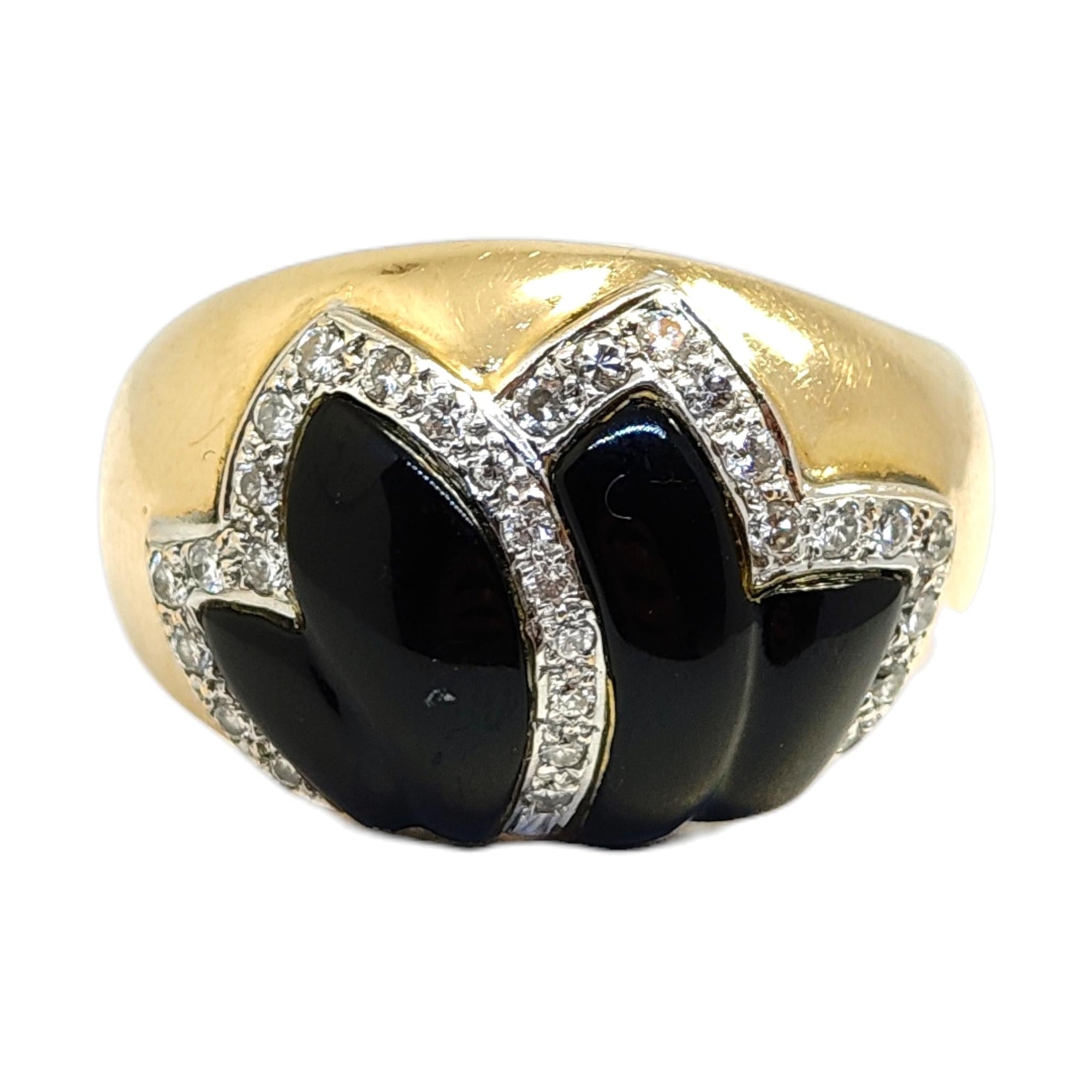Vintage 14K Gold Onyx & Diamond Foliate Design Ring