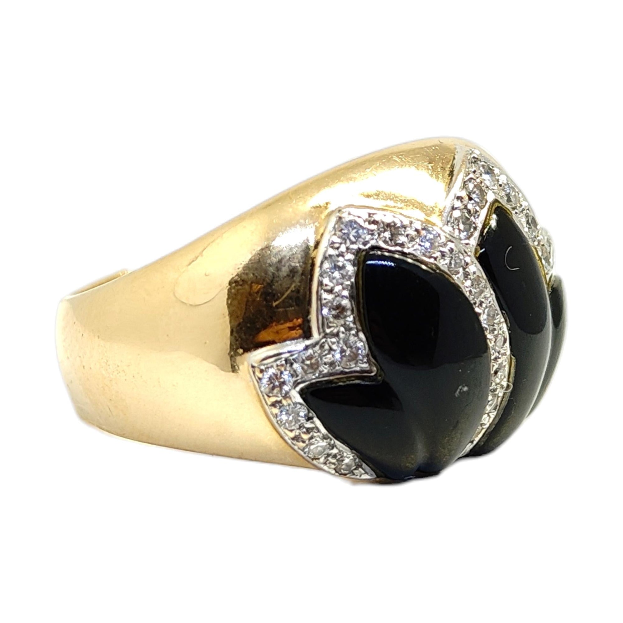 Vintage 14K Gold Onyx & Diamond Foliate Design Ring