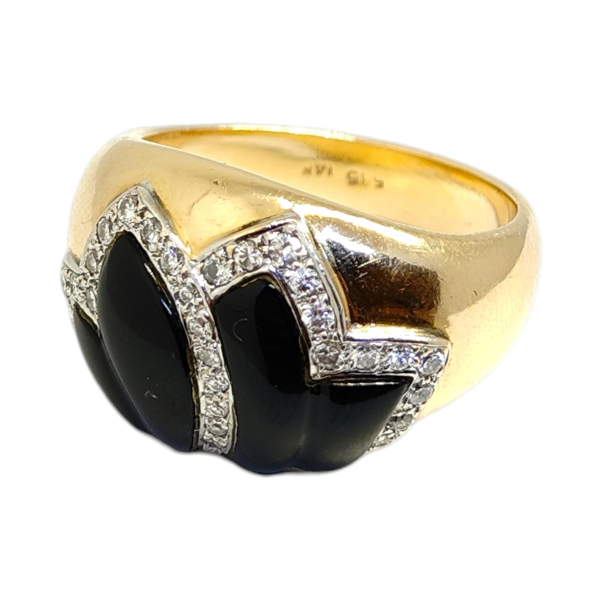 Vintage 14K Gold Onyx & Diamond Foliate Design Ring