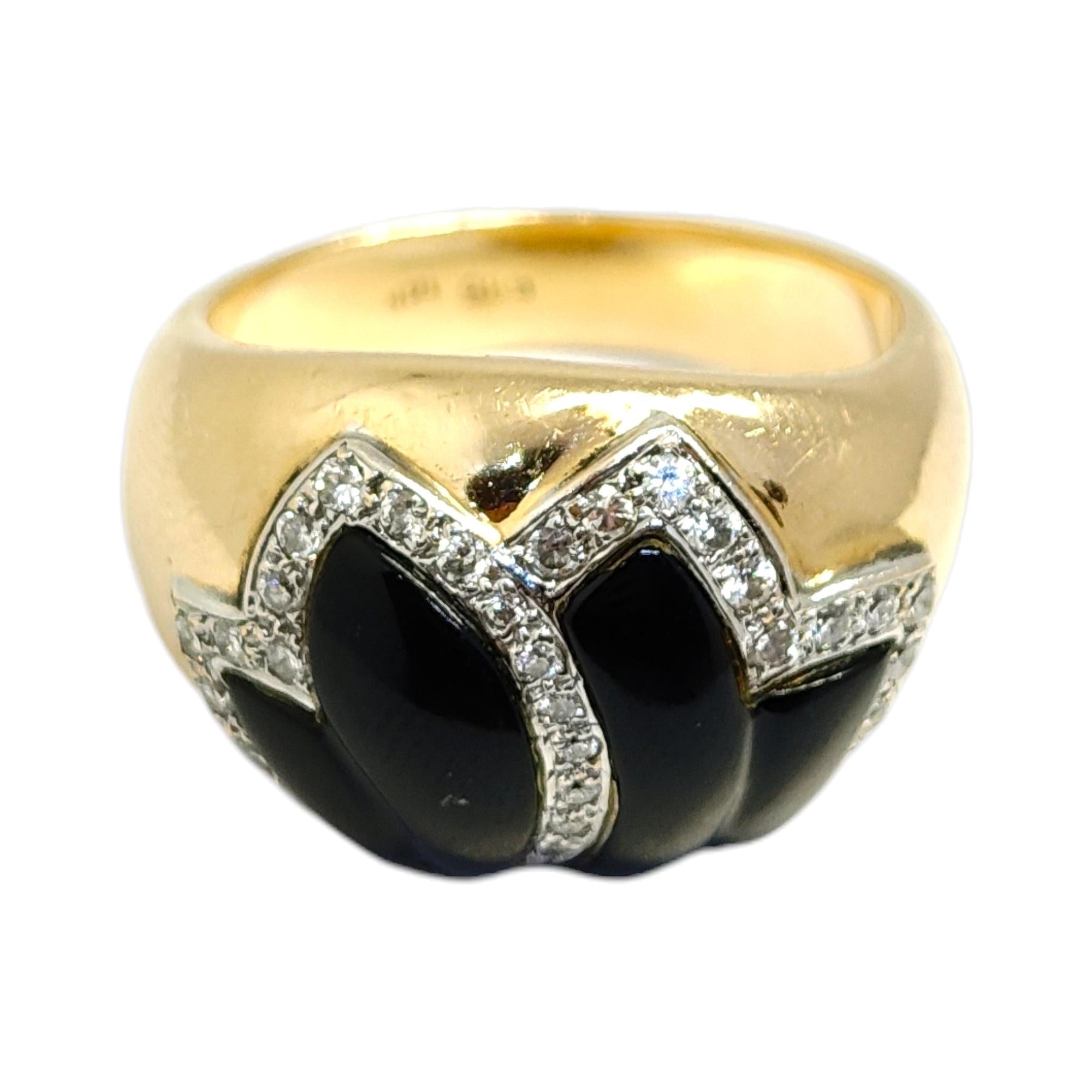 Vintage 14K Gold Onyx & Diamond Foliate Design Ring
