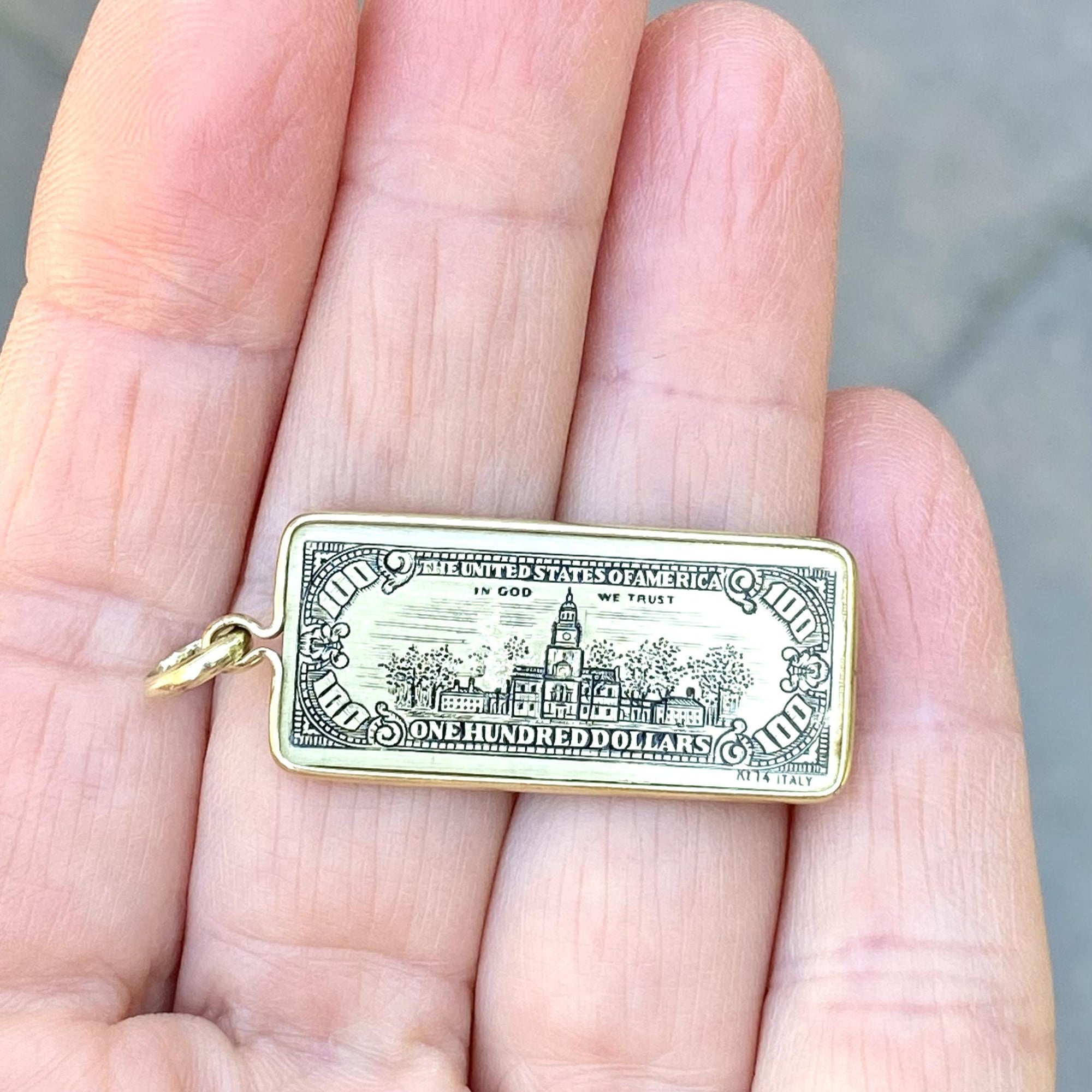 Vintage 14K Etched $100 Dollar Bill Yellow Gold Charm Pendant