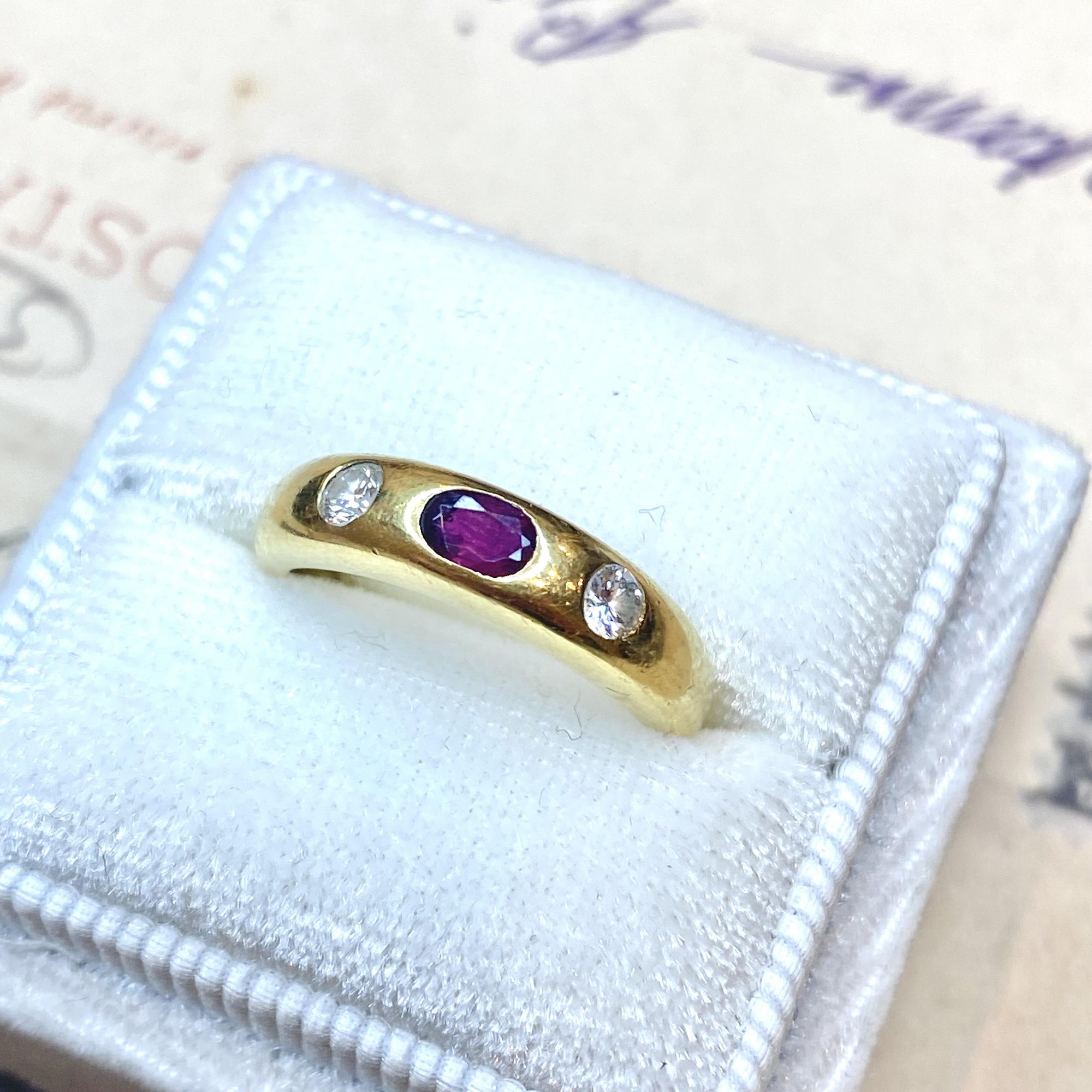 Vintage 18K Ruby & Diamond Three Stone Band Ring