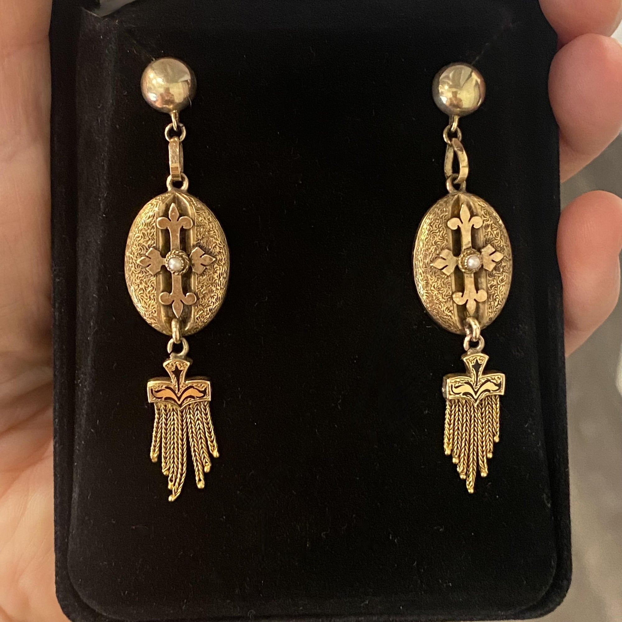 Victorian 14K Gold Seed Pearl and Black Enamel Tassel Earrings