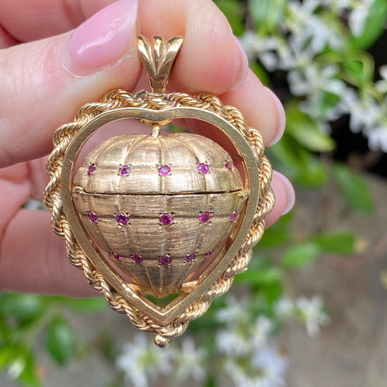 Vintage 14K Gold Large Puffy Heart with Folding Picture Frames Locket Pendant