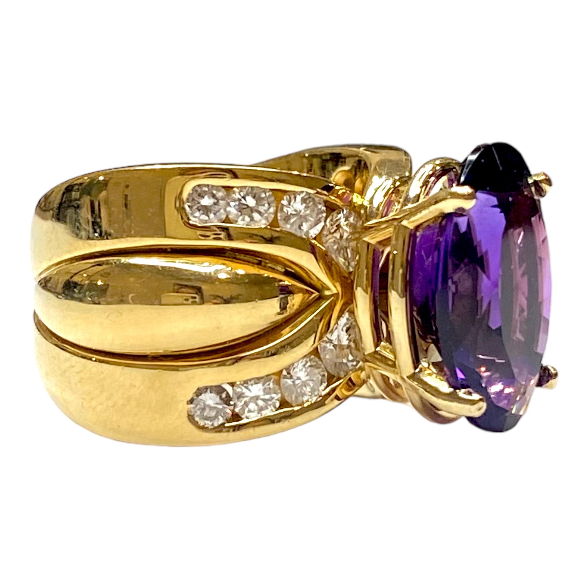 Vintage 18K Yellow Gold Large Amethyst & Diamond Ring