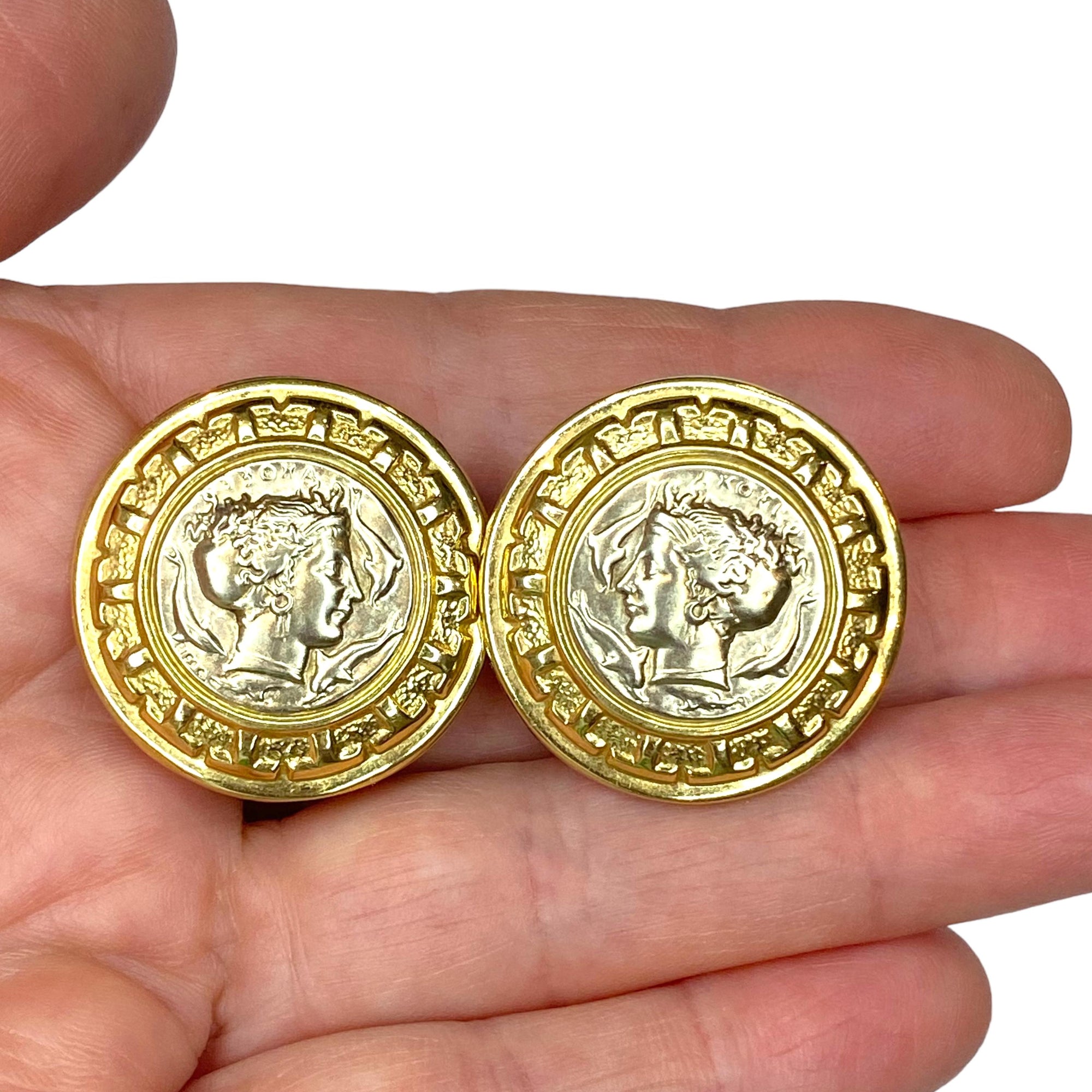 18K Gold Vintage Roman Coin Motif Round Earrings