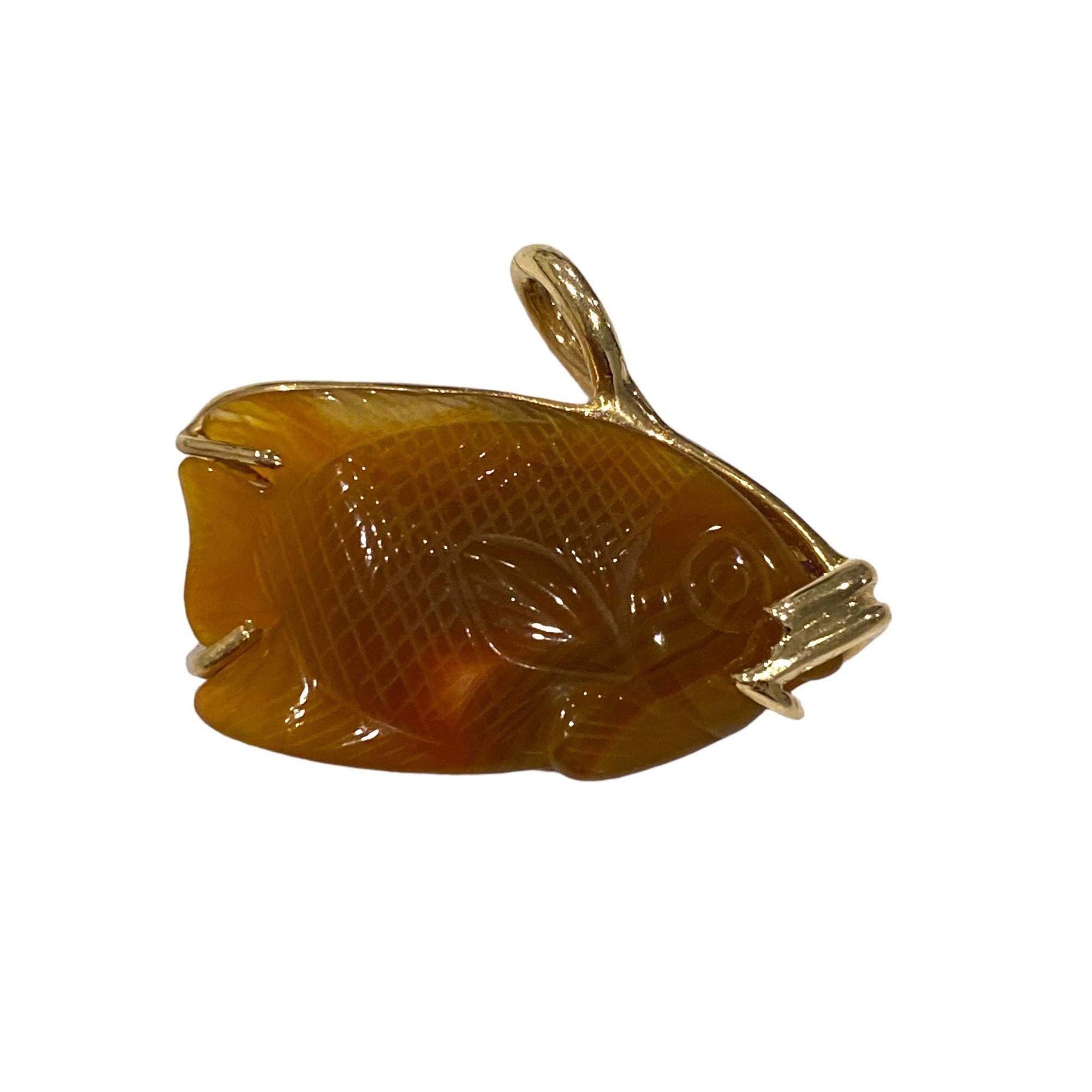 Vintage 14K Gold Carved Agate Fish Pendant