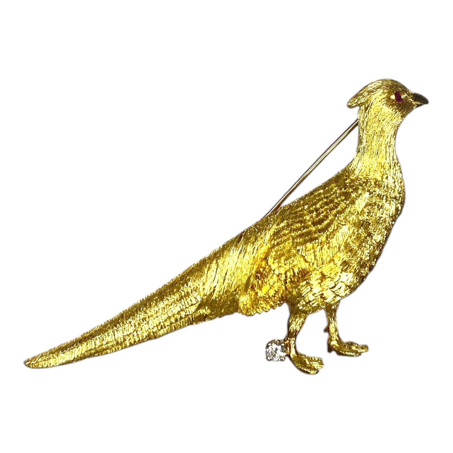 Vintage 18K Gold and Diamond Pheasant Brooch