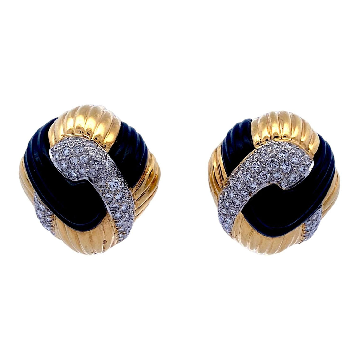 Vintage 18K Carved Onyx and Diamond Dome Earrings