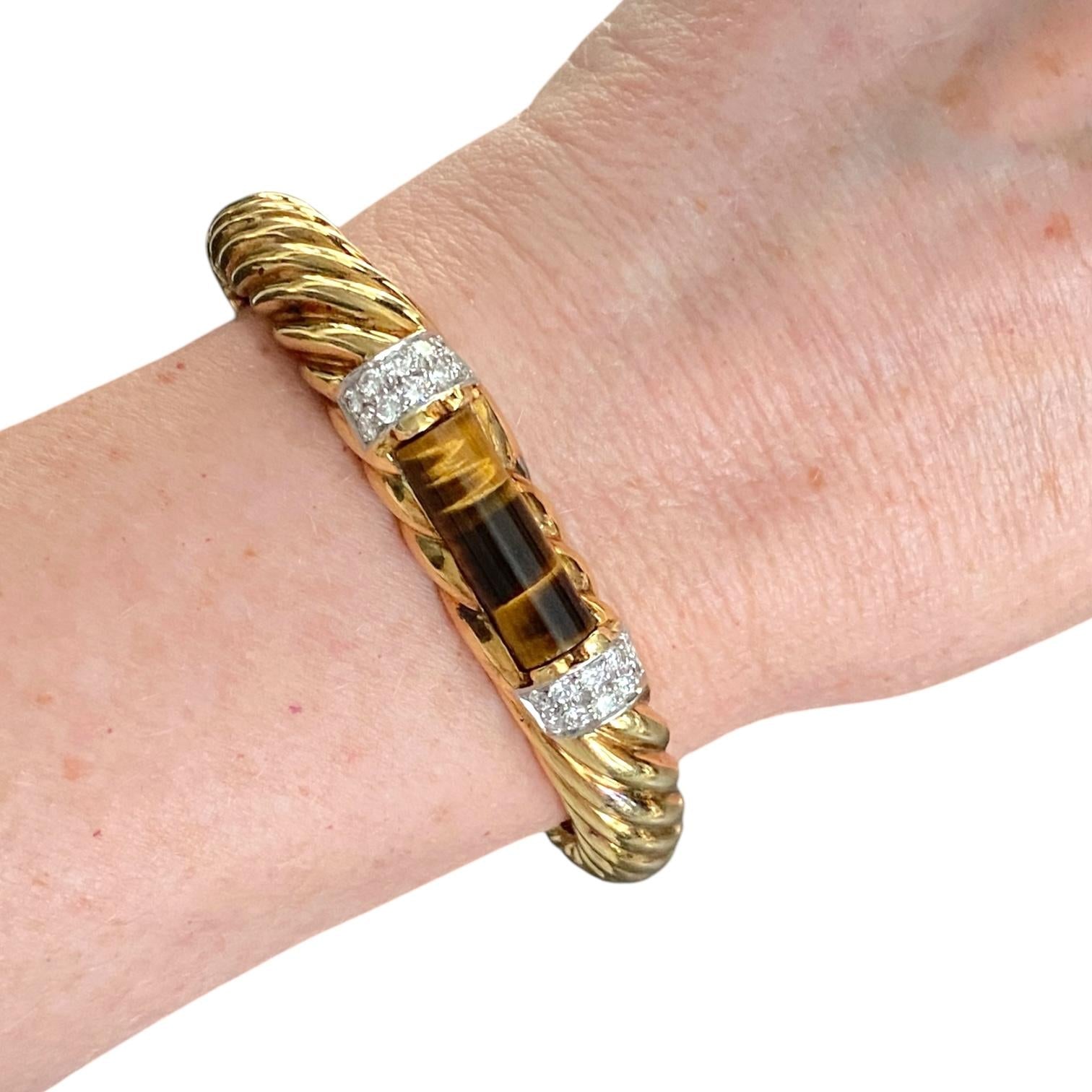 Vintage MJI 18K Tiger Eye Diamond Hinged Bangle Bracelet