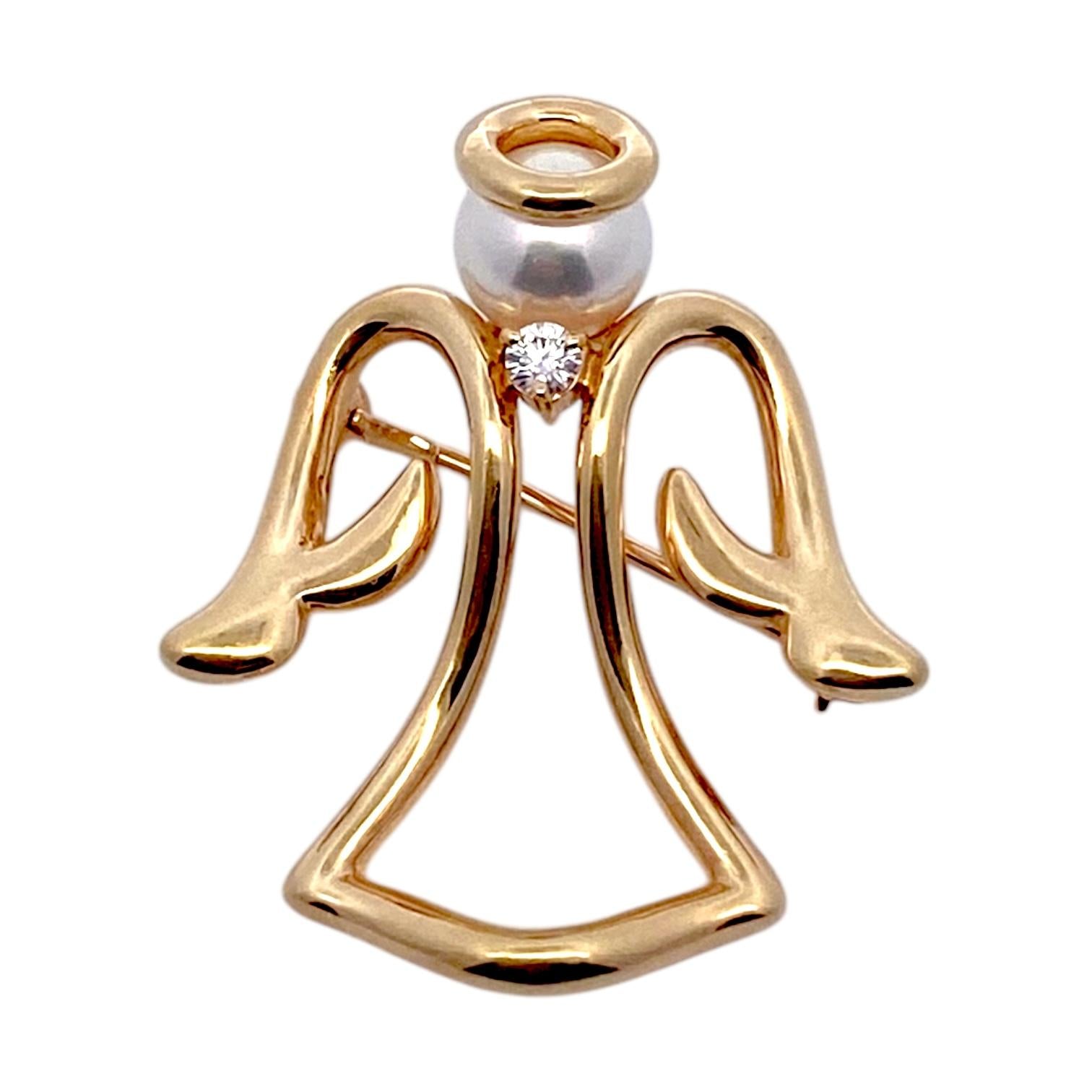 Mikimoto 18K Gold Akoya Pearl and Diamond Angel Pin Brooch
