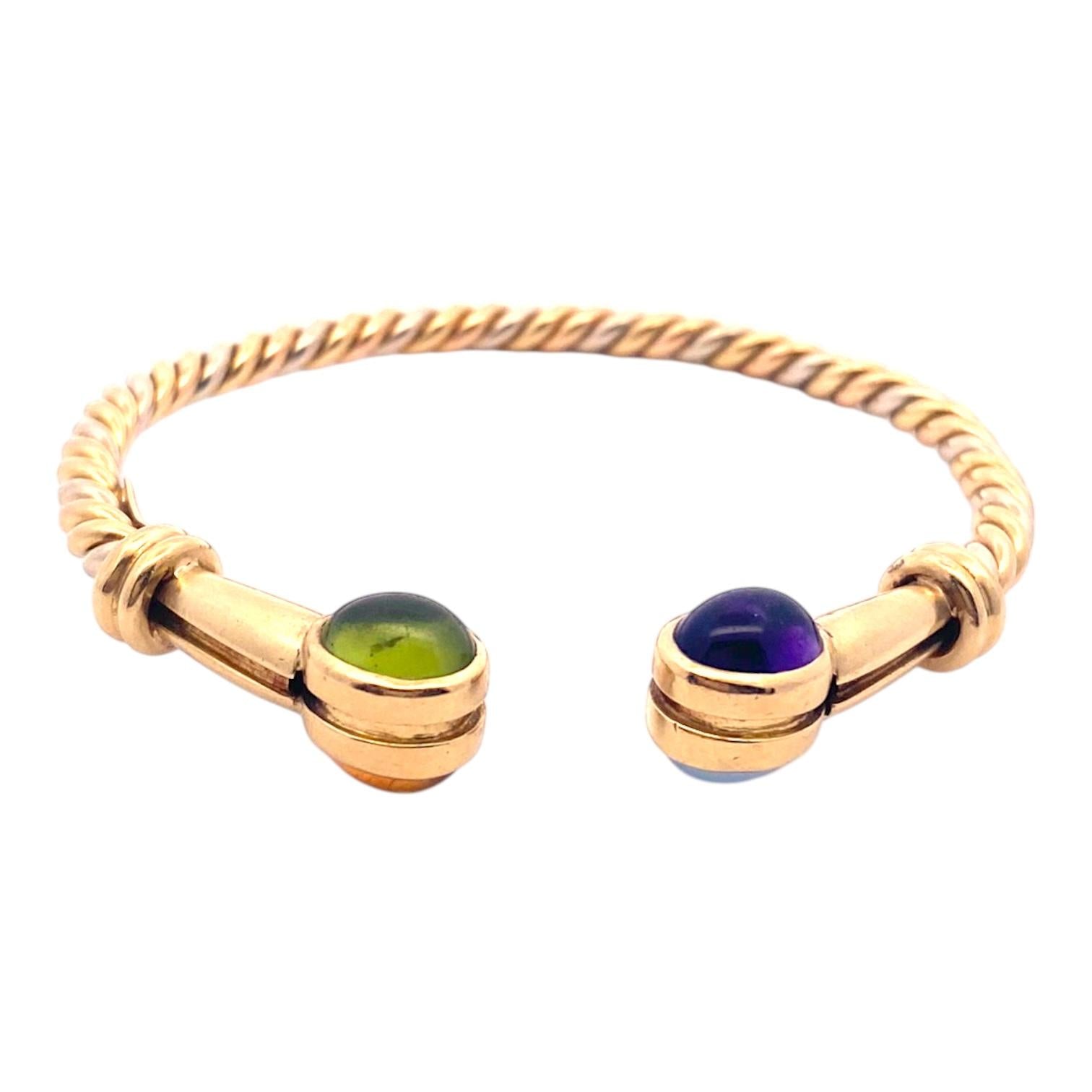 Vintage 18K Gold Multi Gemstone Twisted Bangle Bracelet