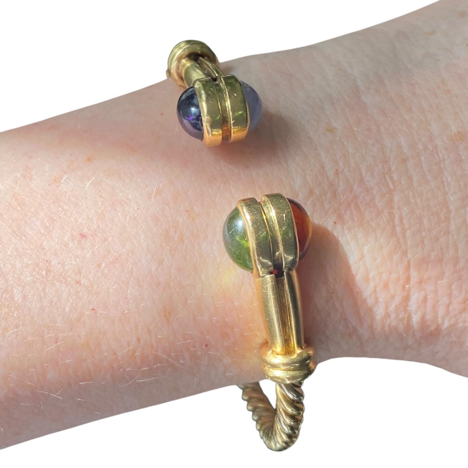 Vintage 18K Gold Multi Gemstone Twisted Bangle Bracelet