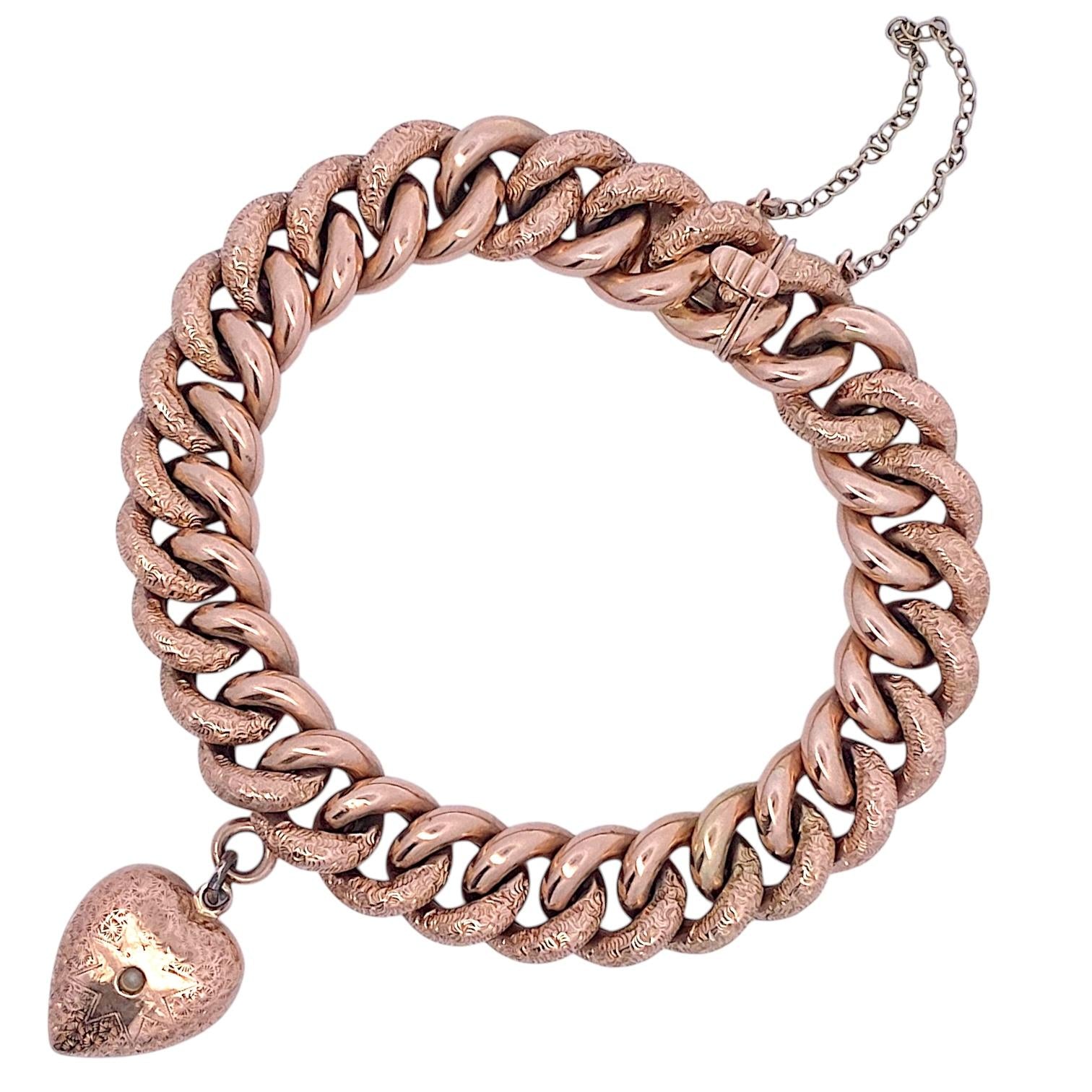 Antique 14K Rose Gold Curb-Link Heart Charm Bracelet
