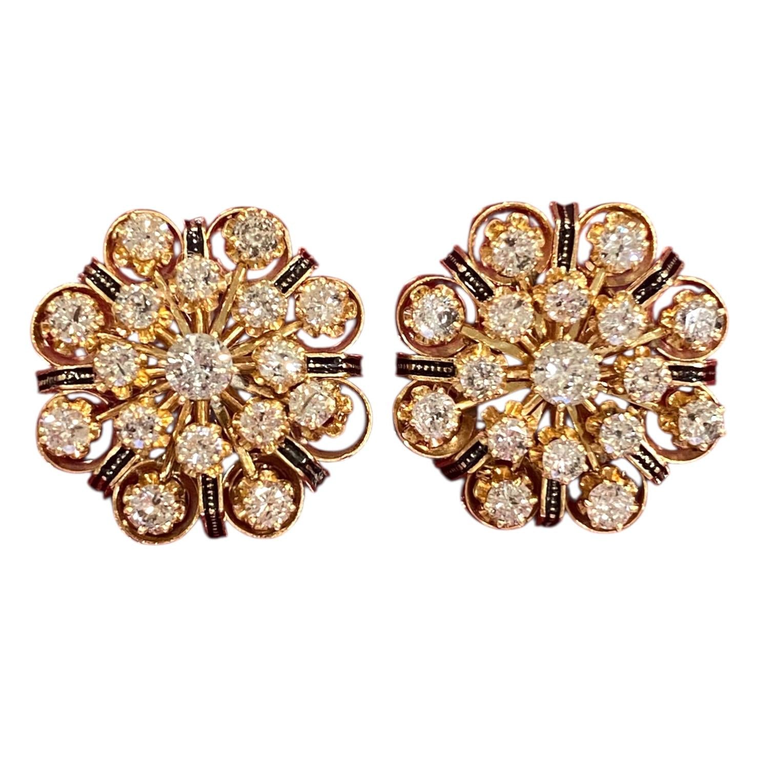 Vintage 14K Diamond Cluster Earrings with Enamel Accents