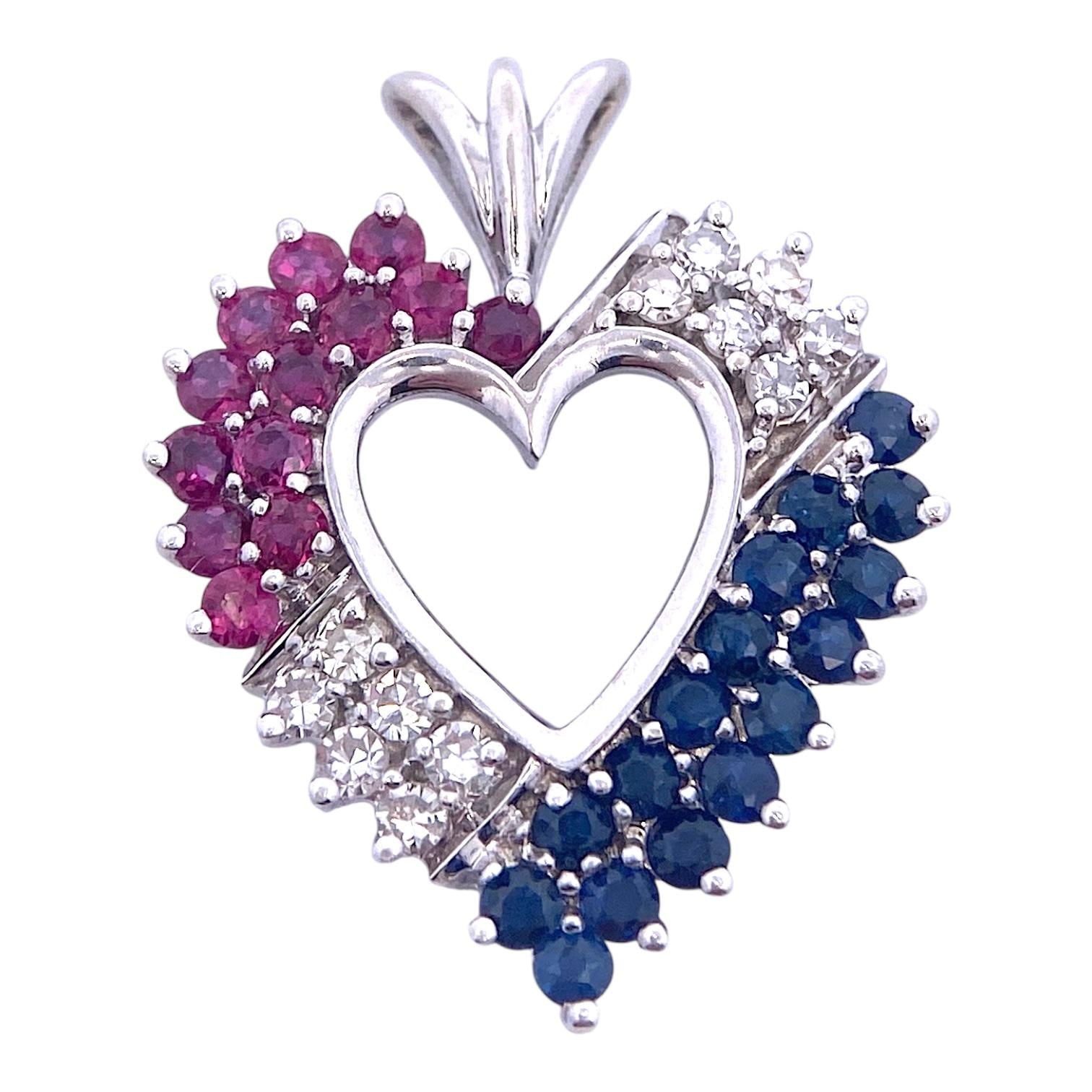Vintage 14K White Gold Ruby Sapphire Diamond Heart Pendant