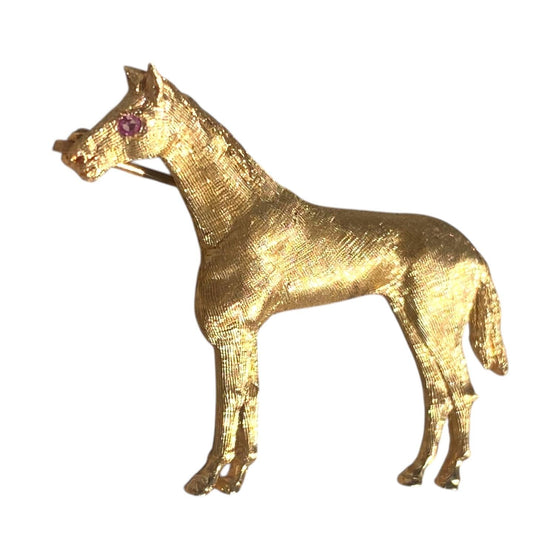 Vintage 14K Gold Horse Brooch with Ruby Eye