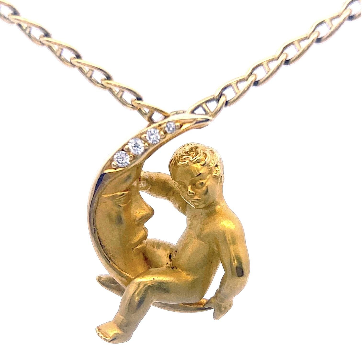 Carrera Y Carrera Diamond 18K Yellow Gold Moon Child Pendant Chain Necklace
