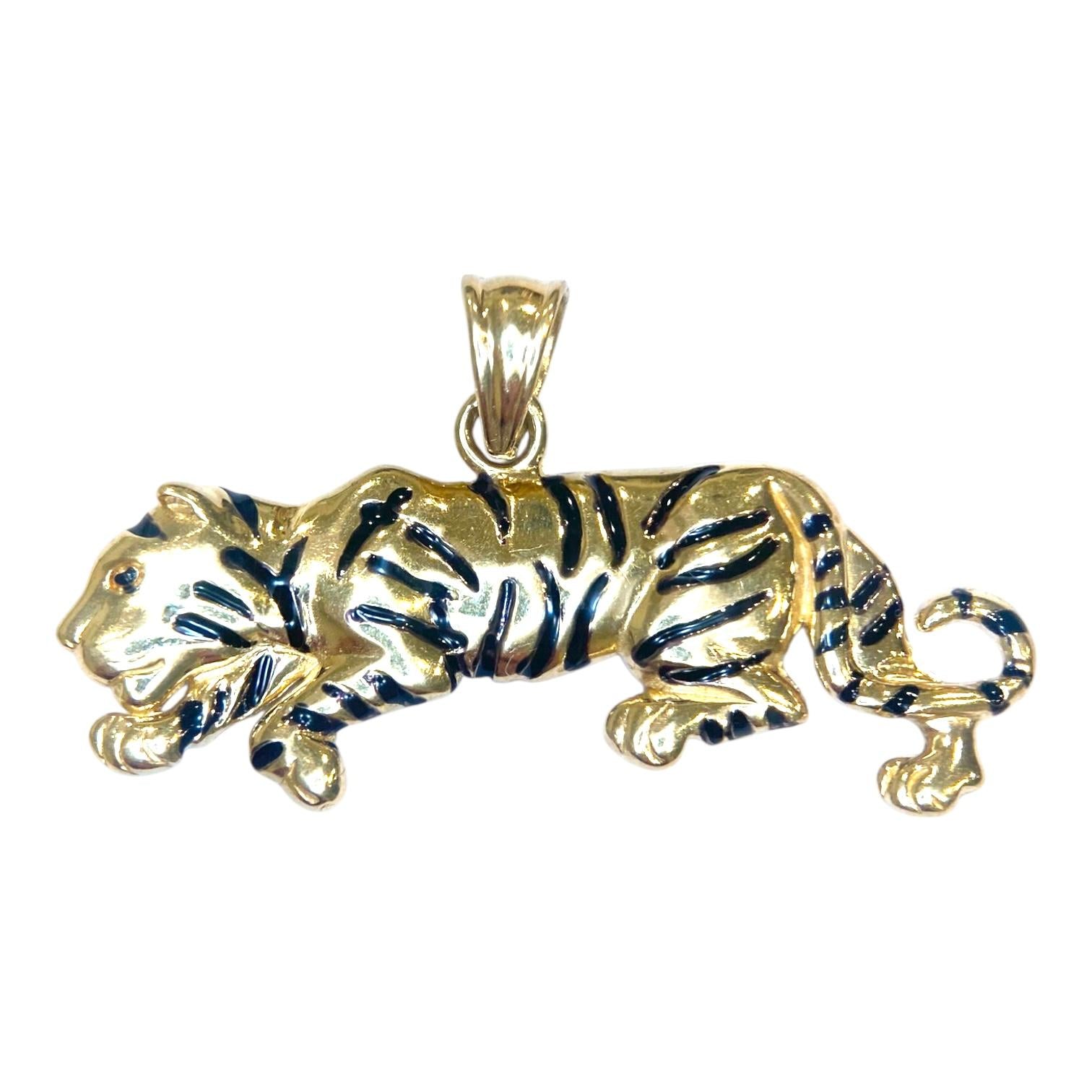 Vintage 14K Yellow Gold Black Enamel Tiger Pendant