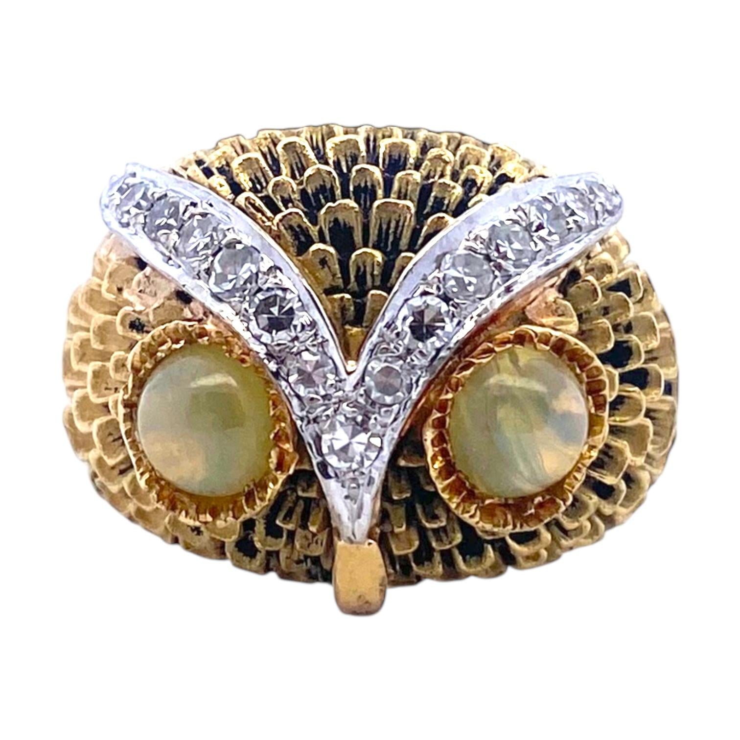 Vintage 18K Gold Diamond Owl Ring with Chrysoberyl Eyes