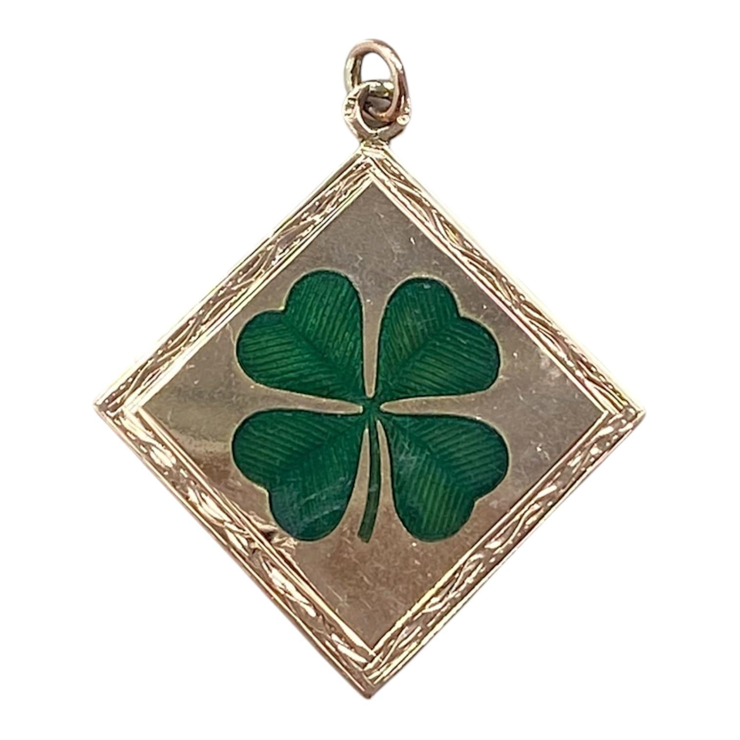 Antique 14K Rose Gold Enamel Four Leaf Clover Charm Pendant