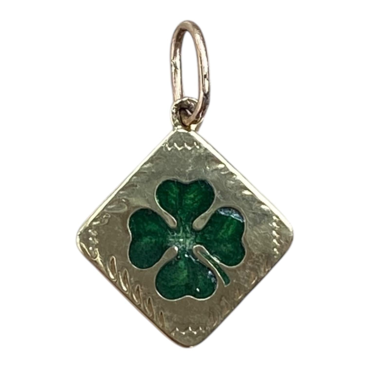Antique 14K Yellow Gold Enamel Four Leaf Clover Charm Pendant