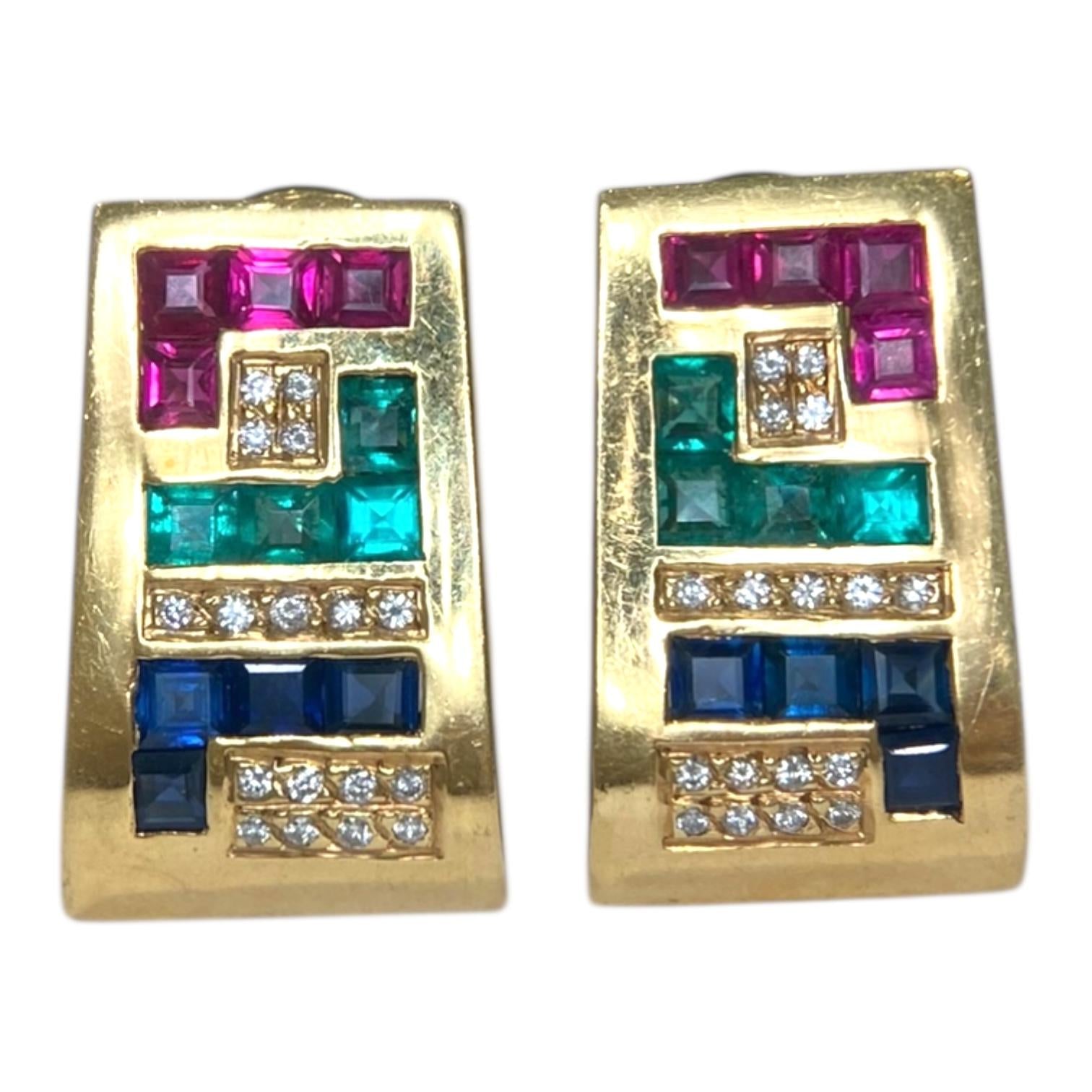 Vintage 18K Gold Emerald Ruby Sapphire Diamond Earrings