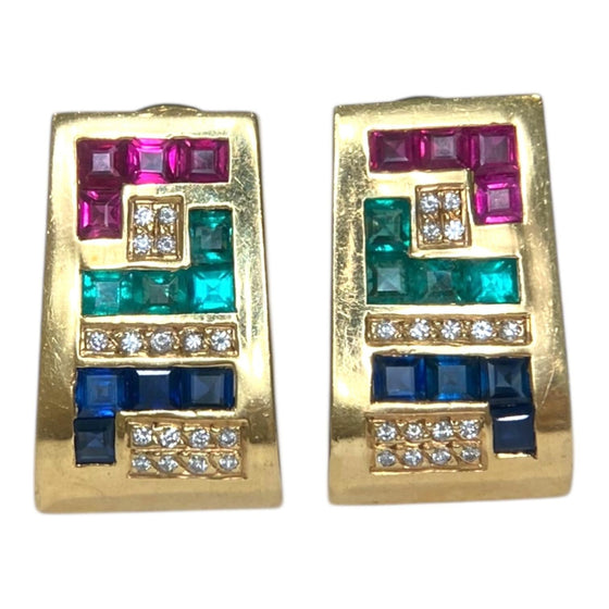 Vintage 18K Gold Emerald Ruby Sapphire Diamond Earrings