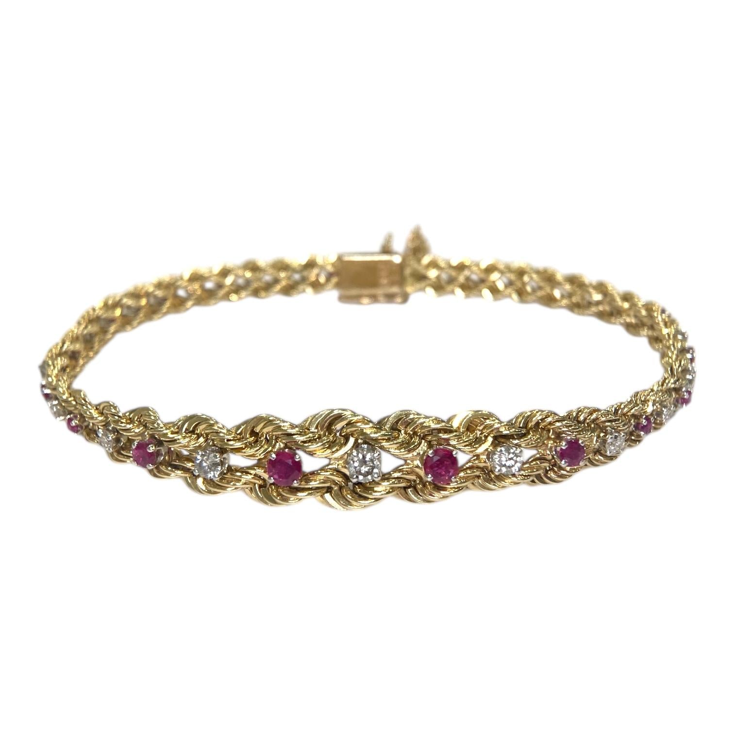 Vintage 14K Yellow Gold Ruby & Diamond Graduating Rope Bracelet