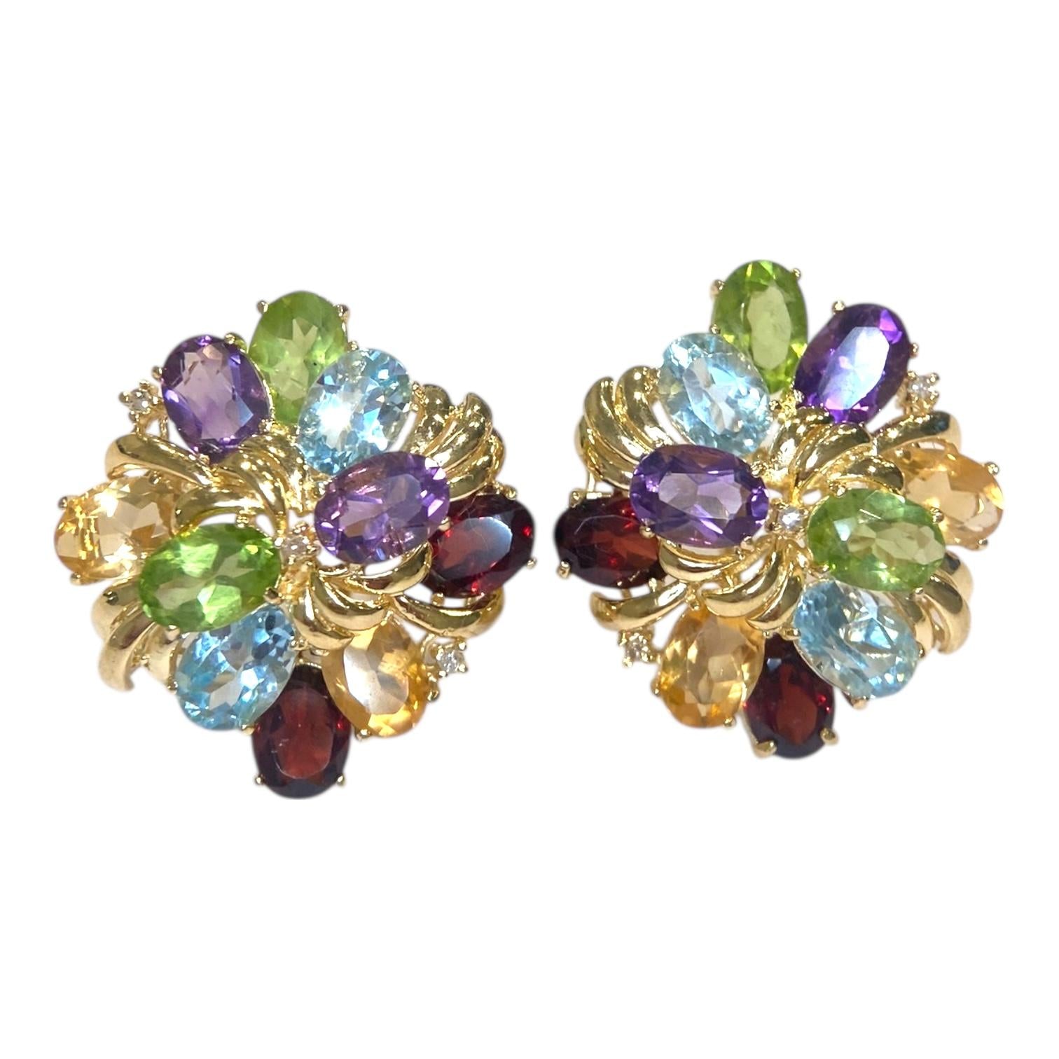 Vintage 14K Gold Multi Gemstone Tutti Frutti Earrings