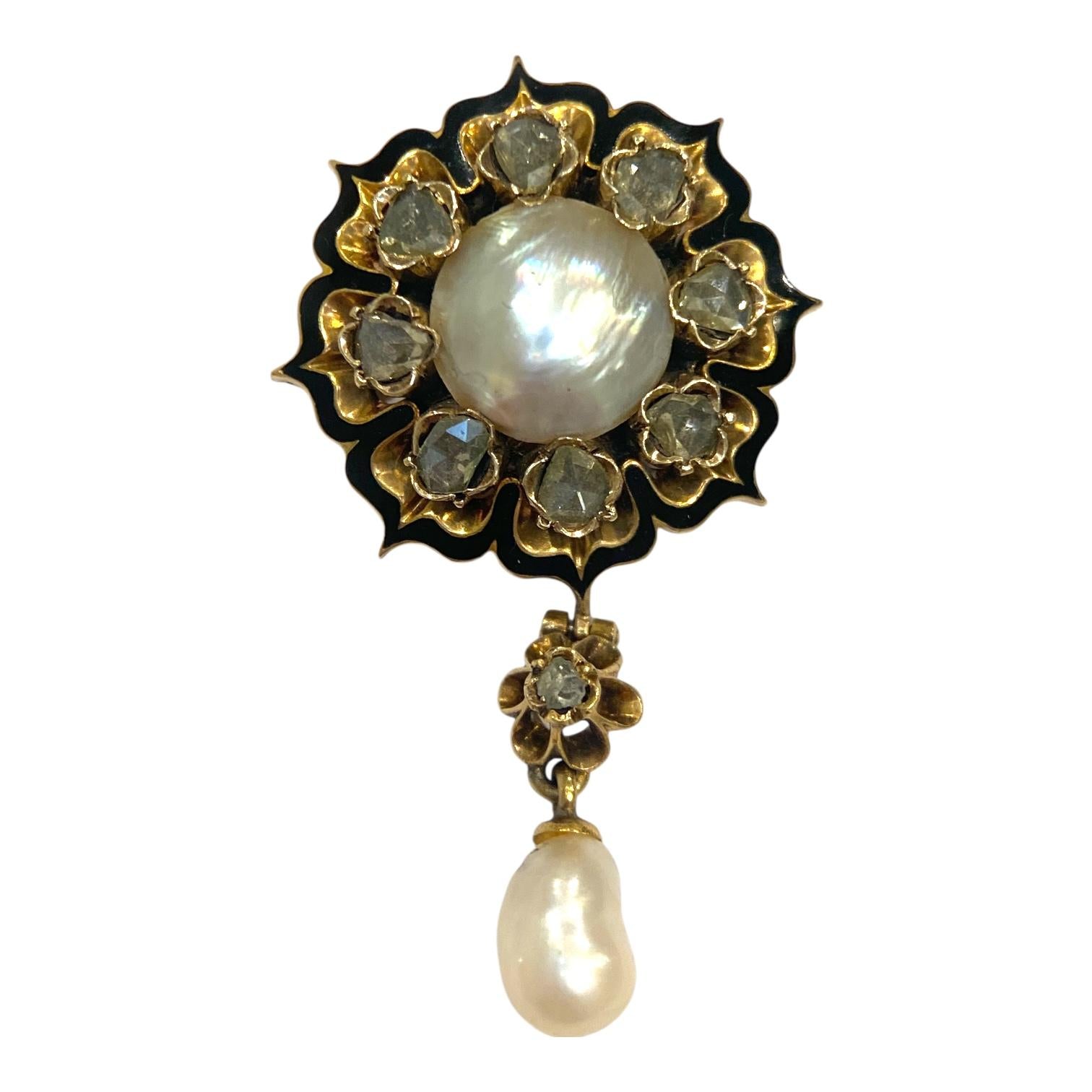 Antique 14K Pearl Diamond Enamel Brooch Pendant