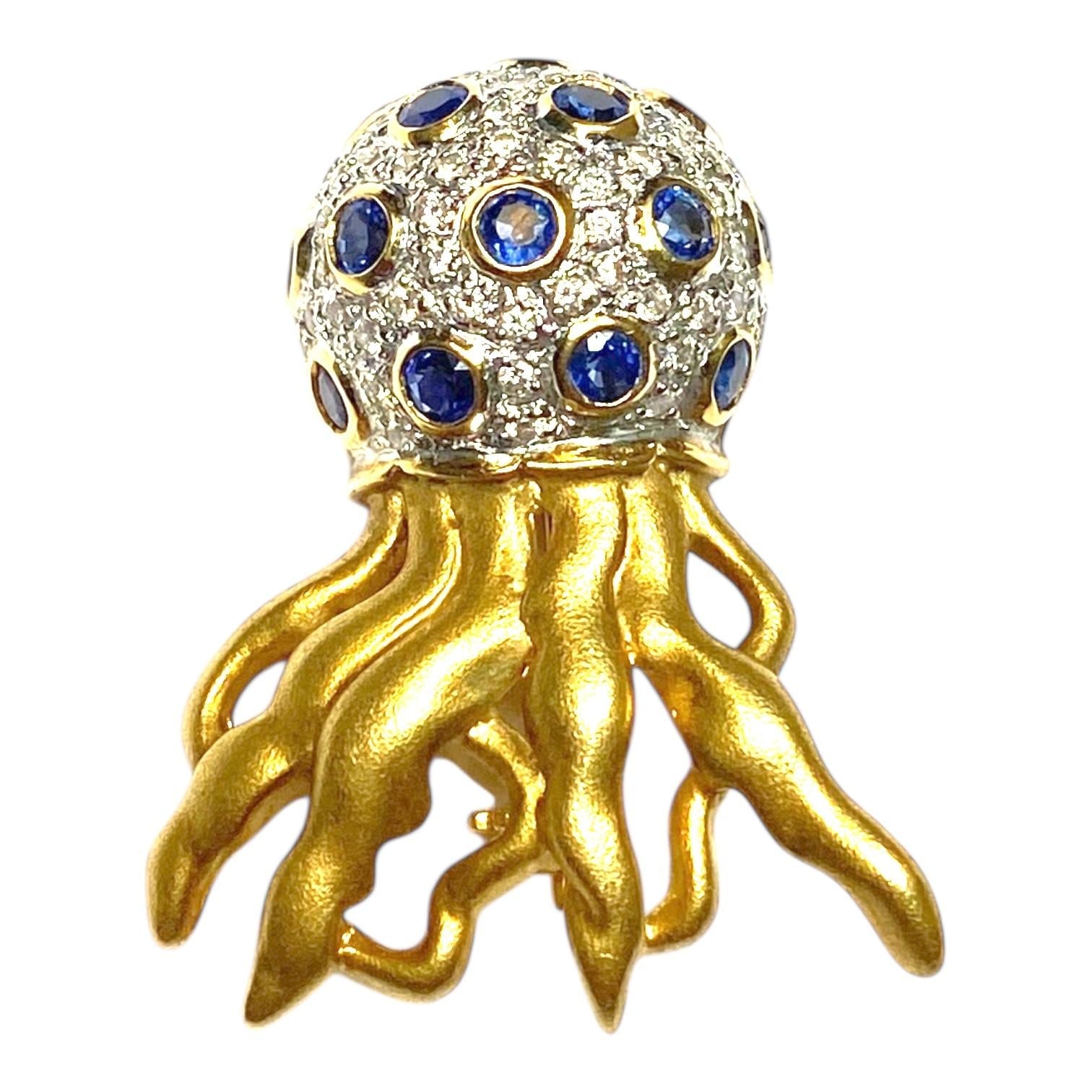 LeVian 18K Sapphire Diamond Jelly Fish Brooch