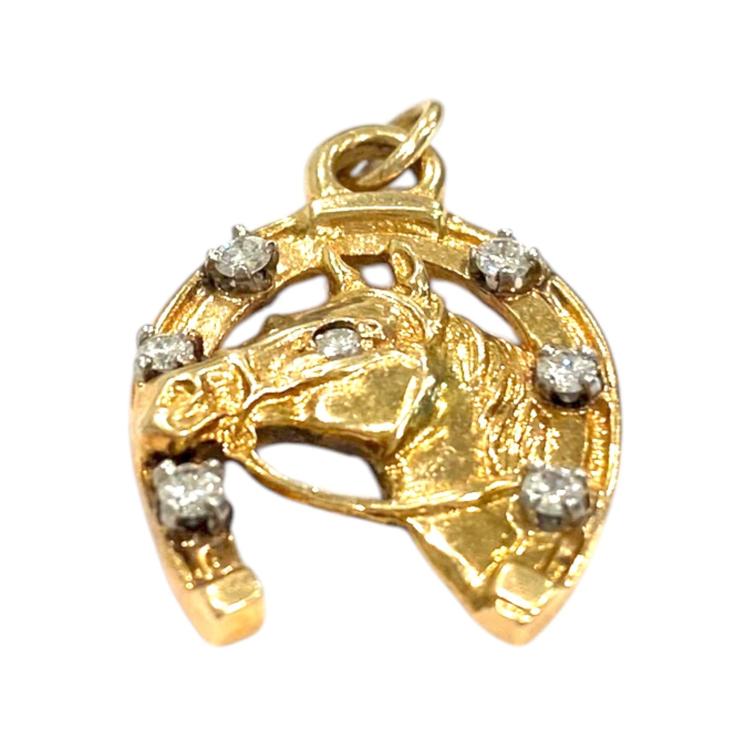 Vintage 14K Diamond Set Horseshoe with Horse Head Pendant