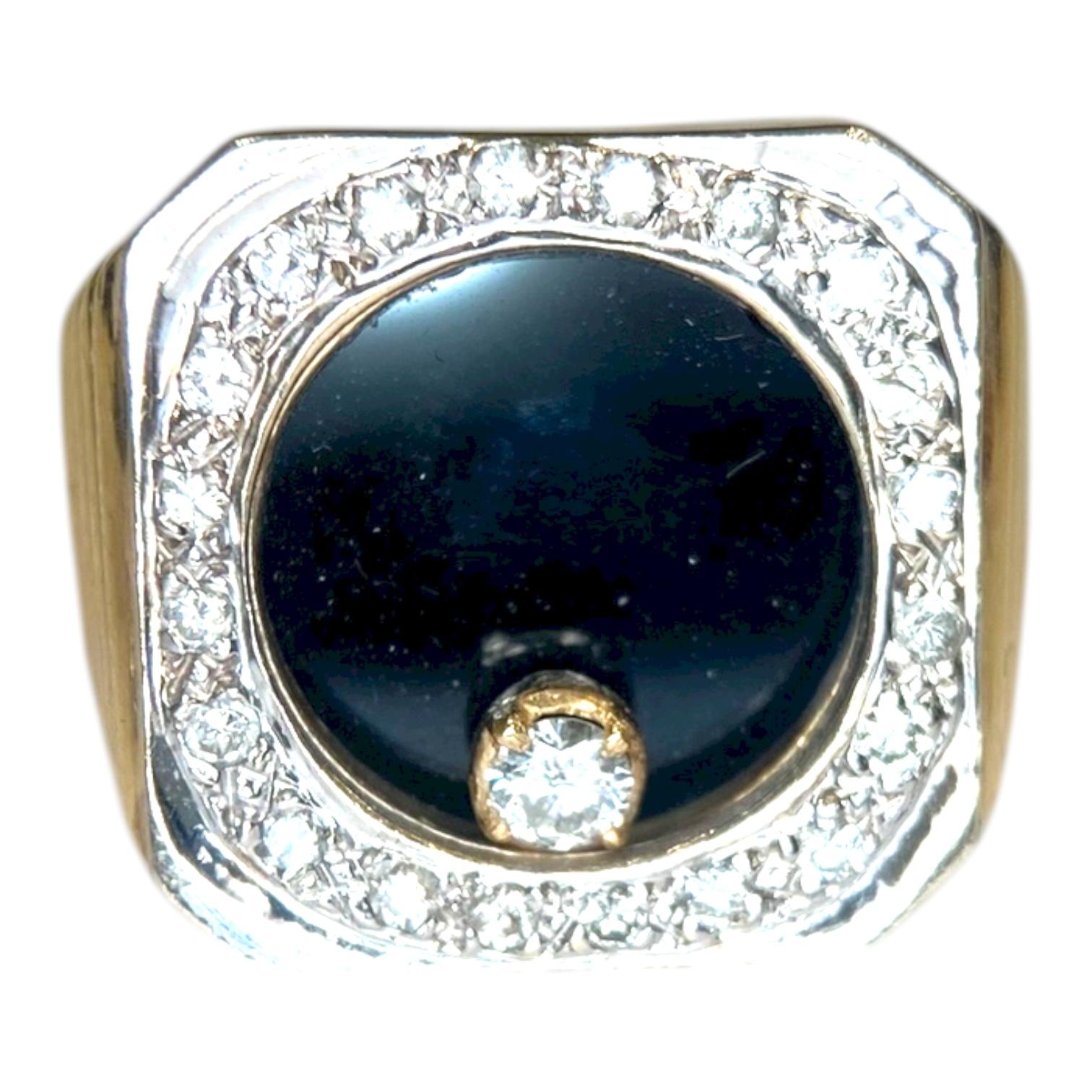Vintage 14K Gold Onyx Floating Diamond Ring