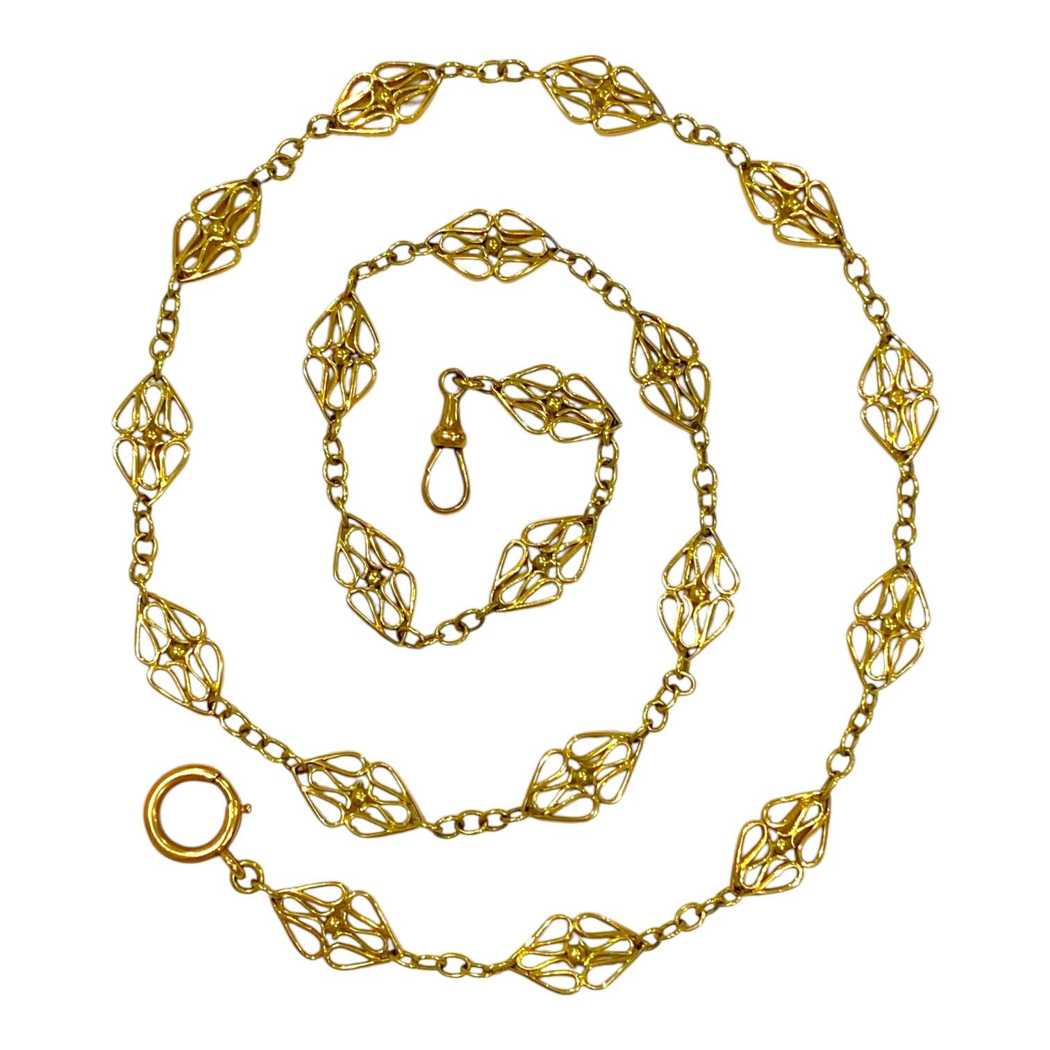 Antique 16K Yellow Gold Long Watch Chain Link Necklace