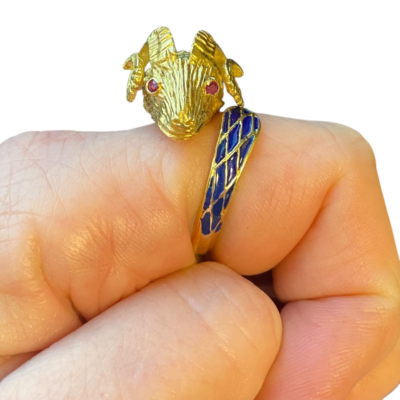 Vintage 18K Enamel and Ruby Ram Ring