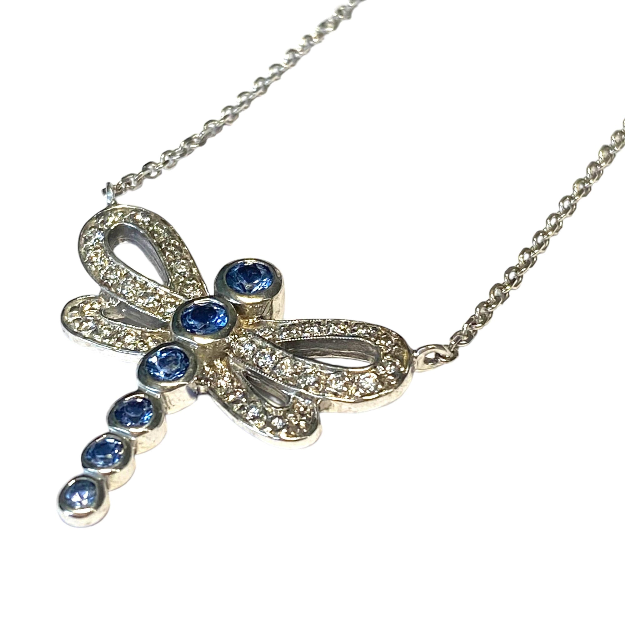 Vintage 14K Sapphire & Diamond Dragonfly Necklace