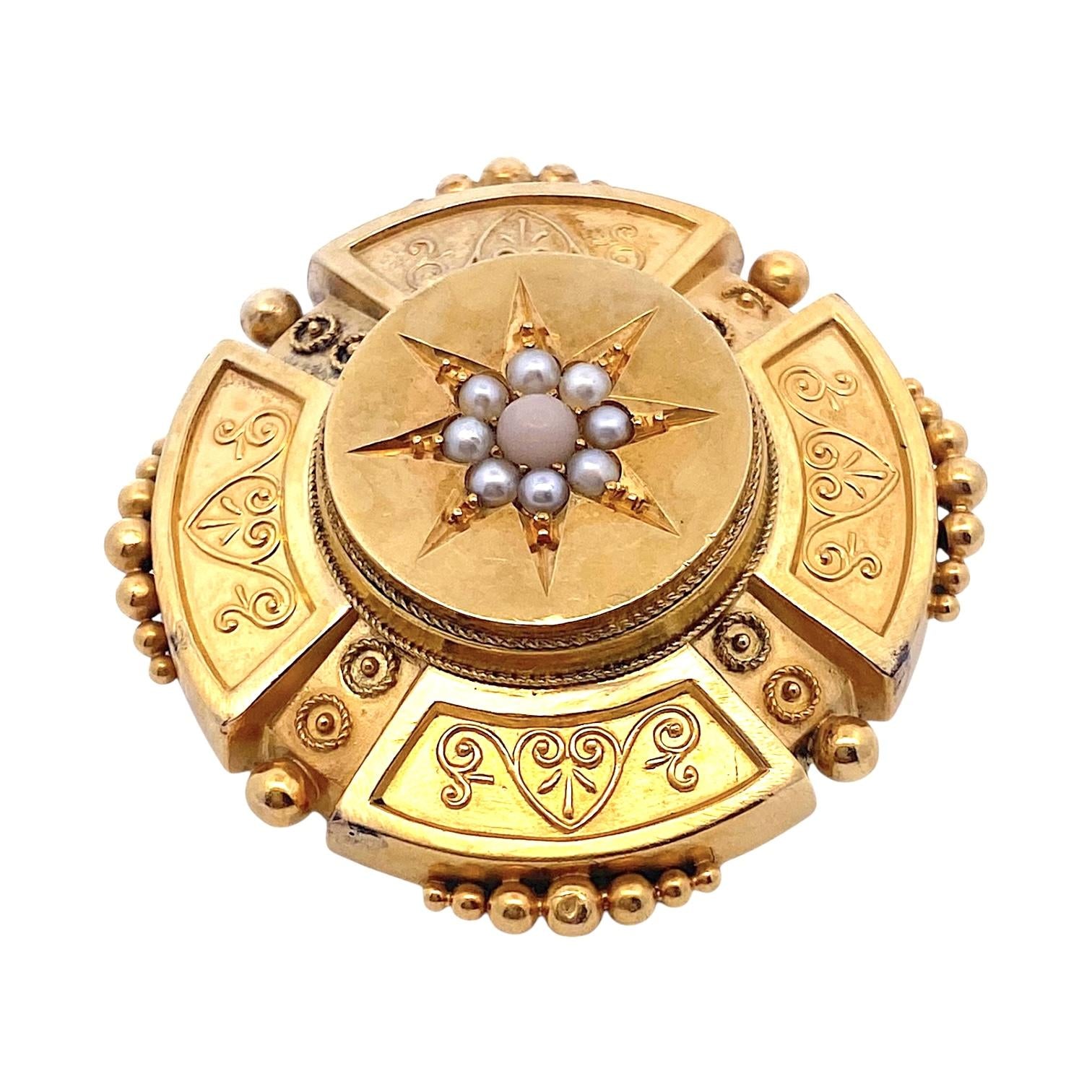 Etruscan Revival Antique 14K Pearl Brooch