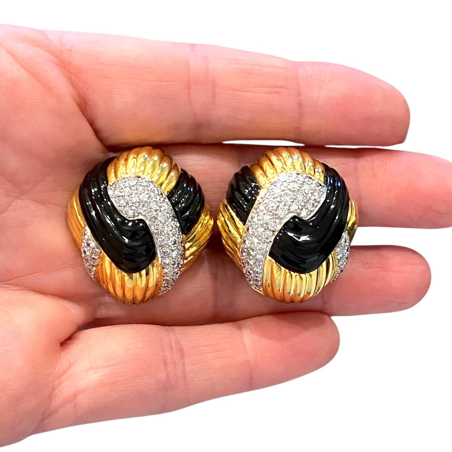 Vintage 18K Carved Onyx and Diamond Dome Earrings