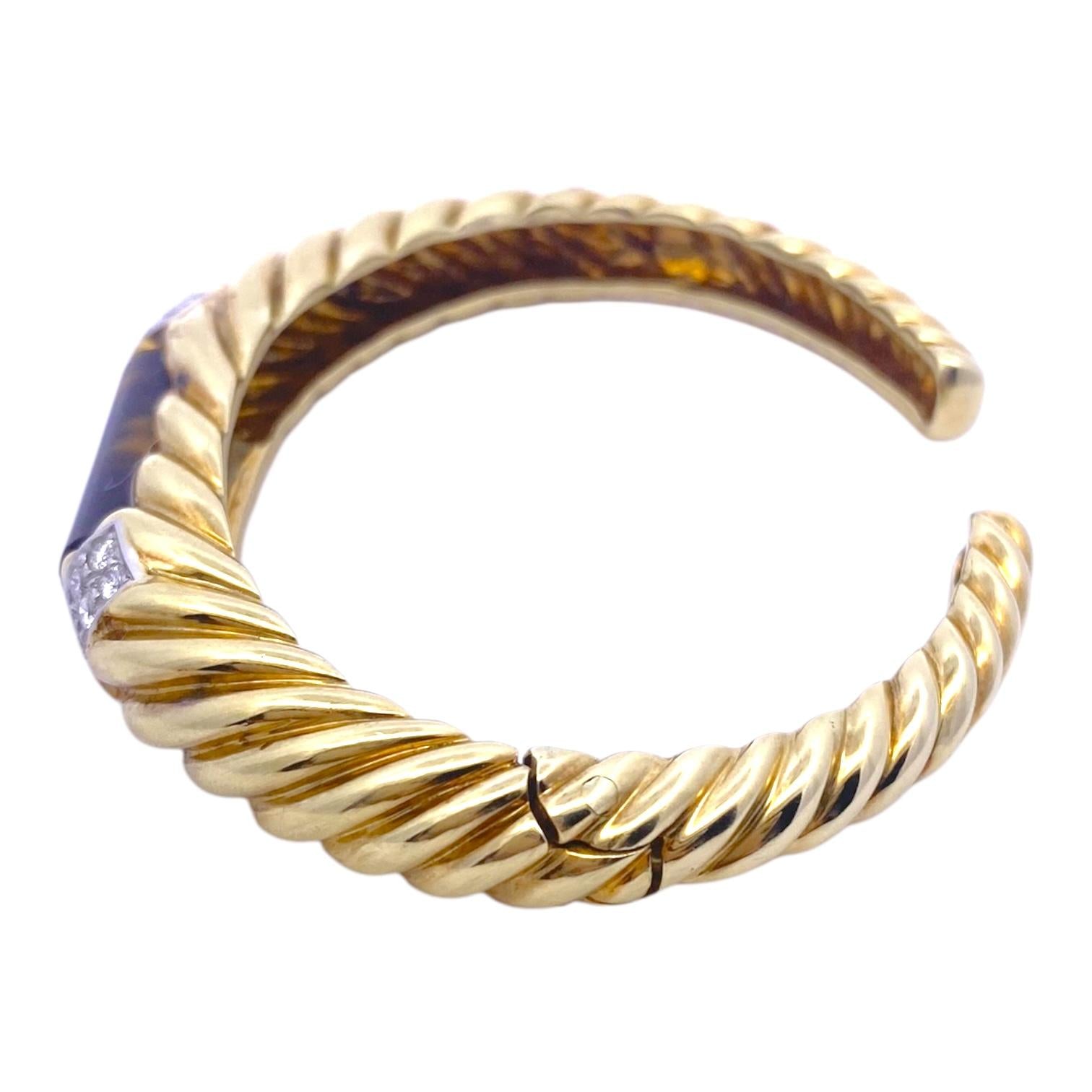 Vintage MJI 18K Tiger Eye Diamond Hinged Bangle Bracelet