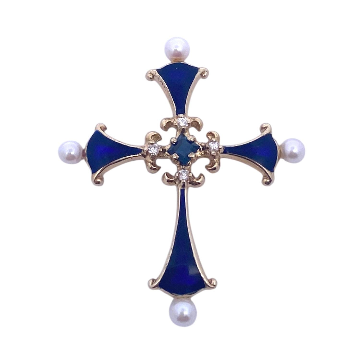 Vintage 14K Sapphire Diamond Pearl Enamel Cross Pendant
