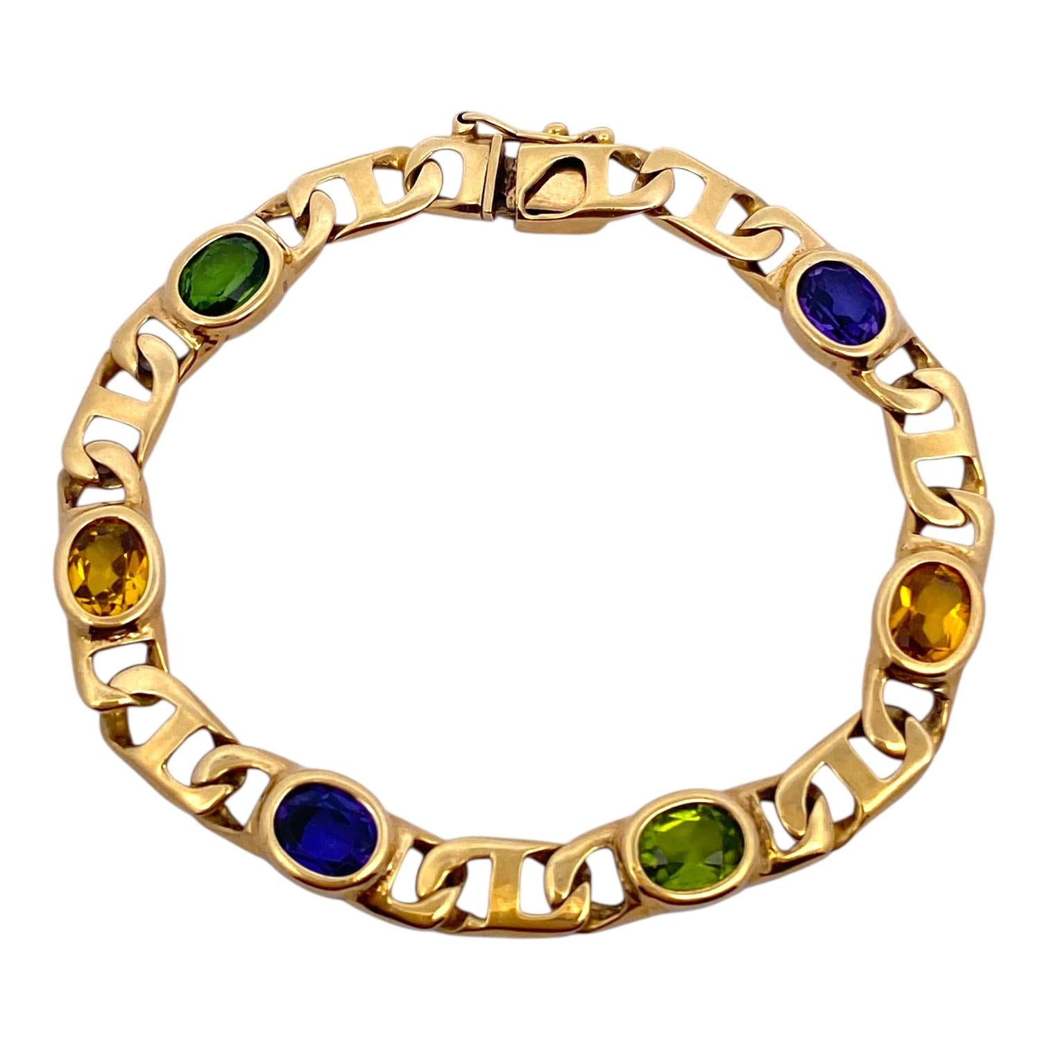 Vintage 14K Gold Multi Gemstone Flat Mariner Links Bracelet