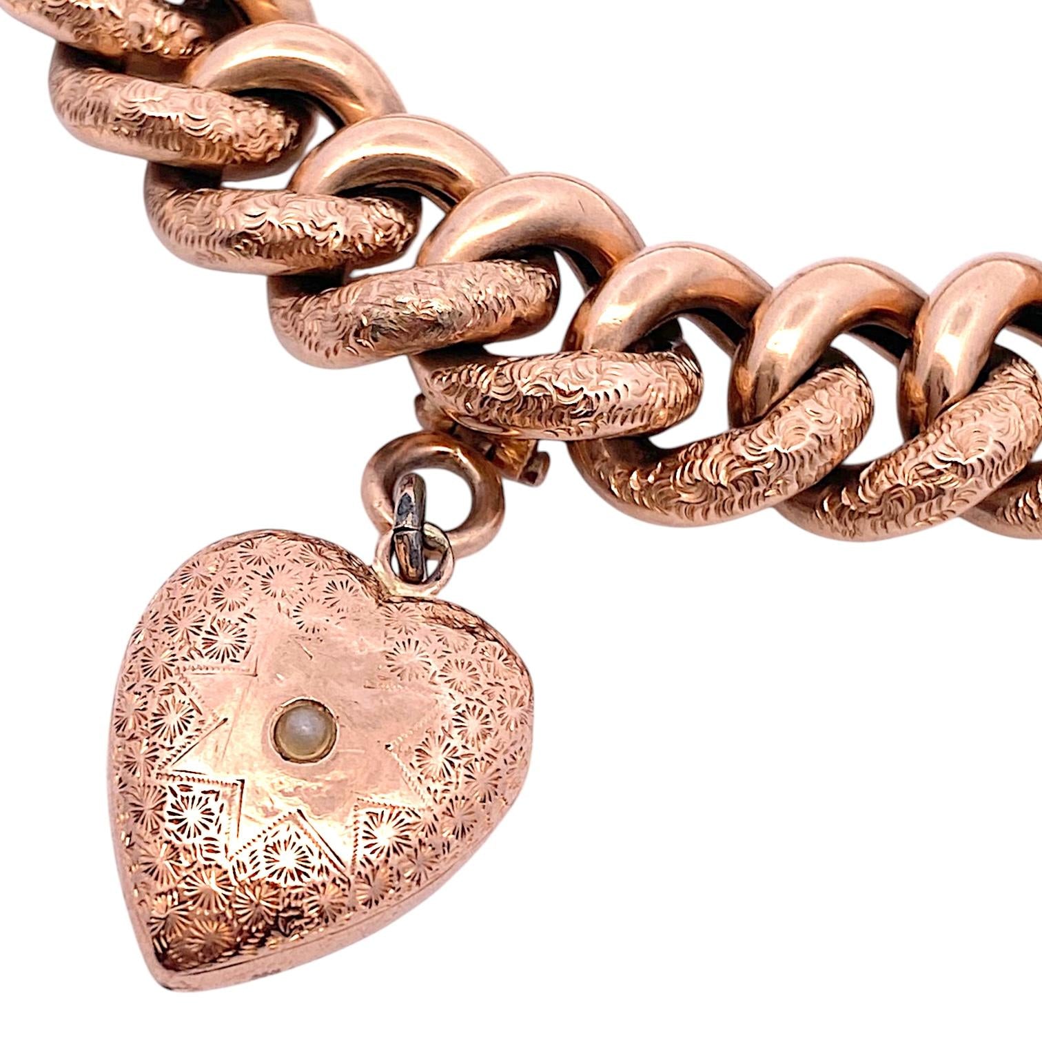 Antique 14K Rose Gold Curb-Link Heart Charm Bracelet