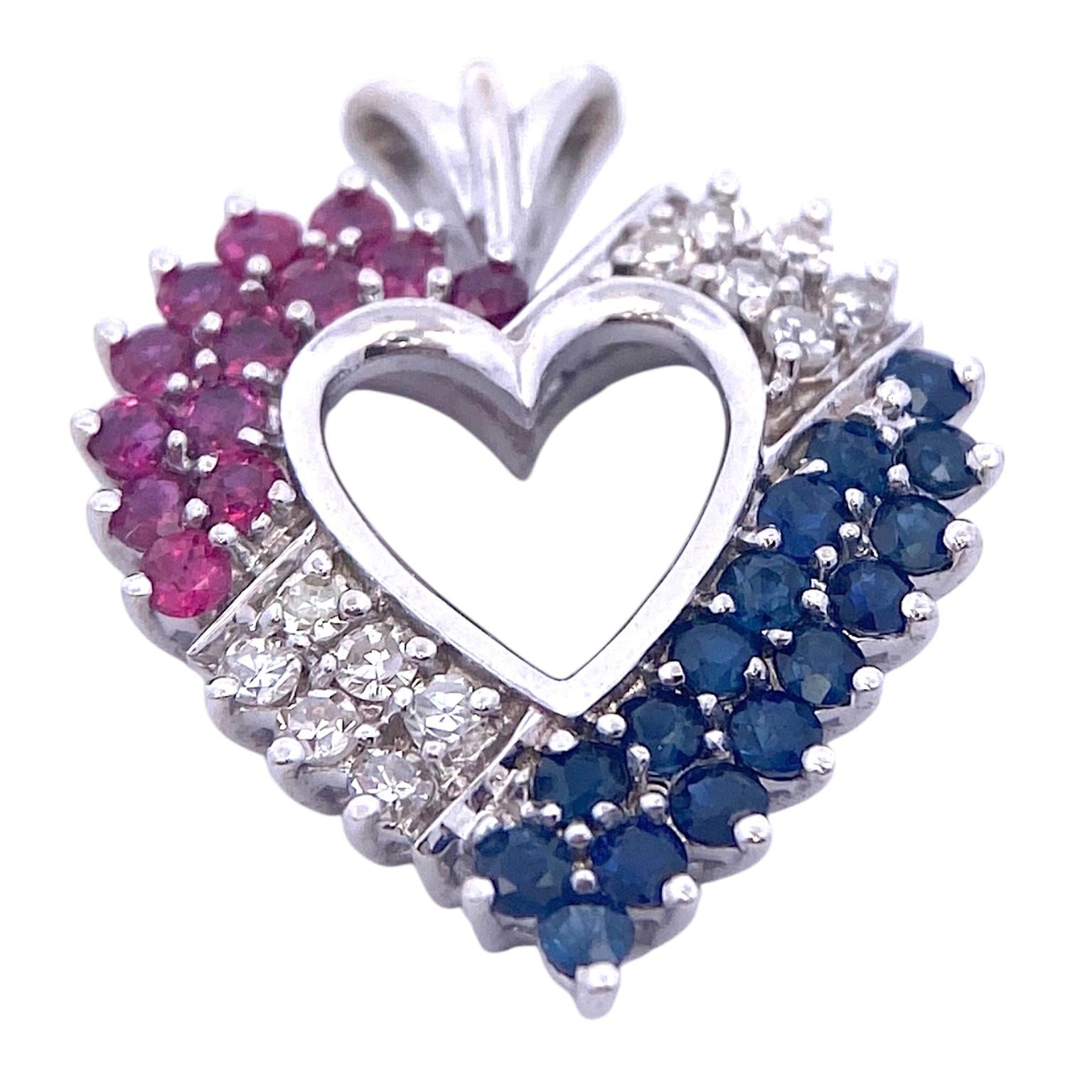 Vintage 14K White Gold Ruby Sapphire Diamond Heart Pendant