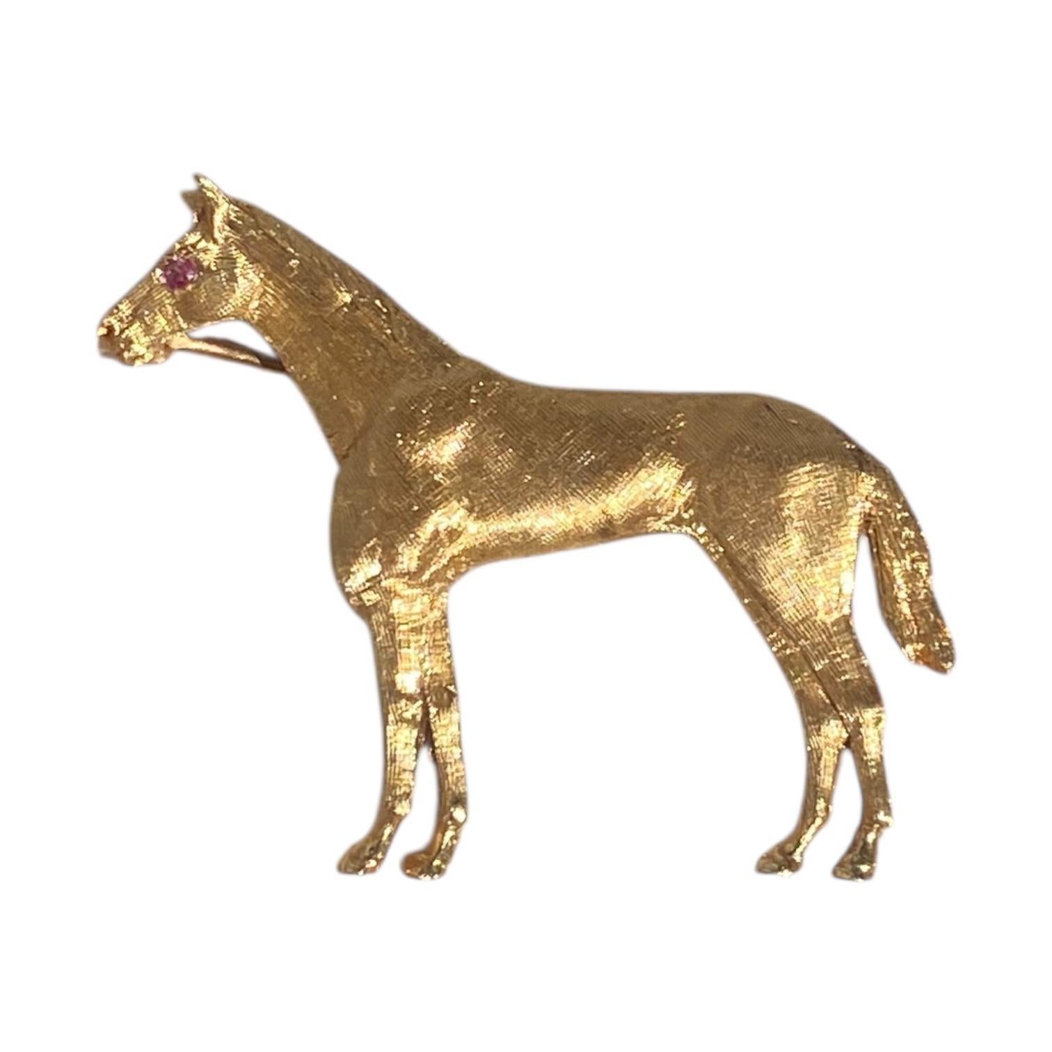 Vintage 14K Gold Horse Brooch with Ruby Eye