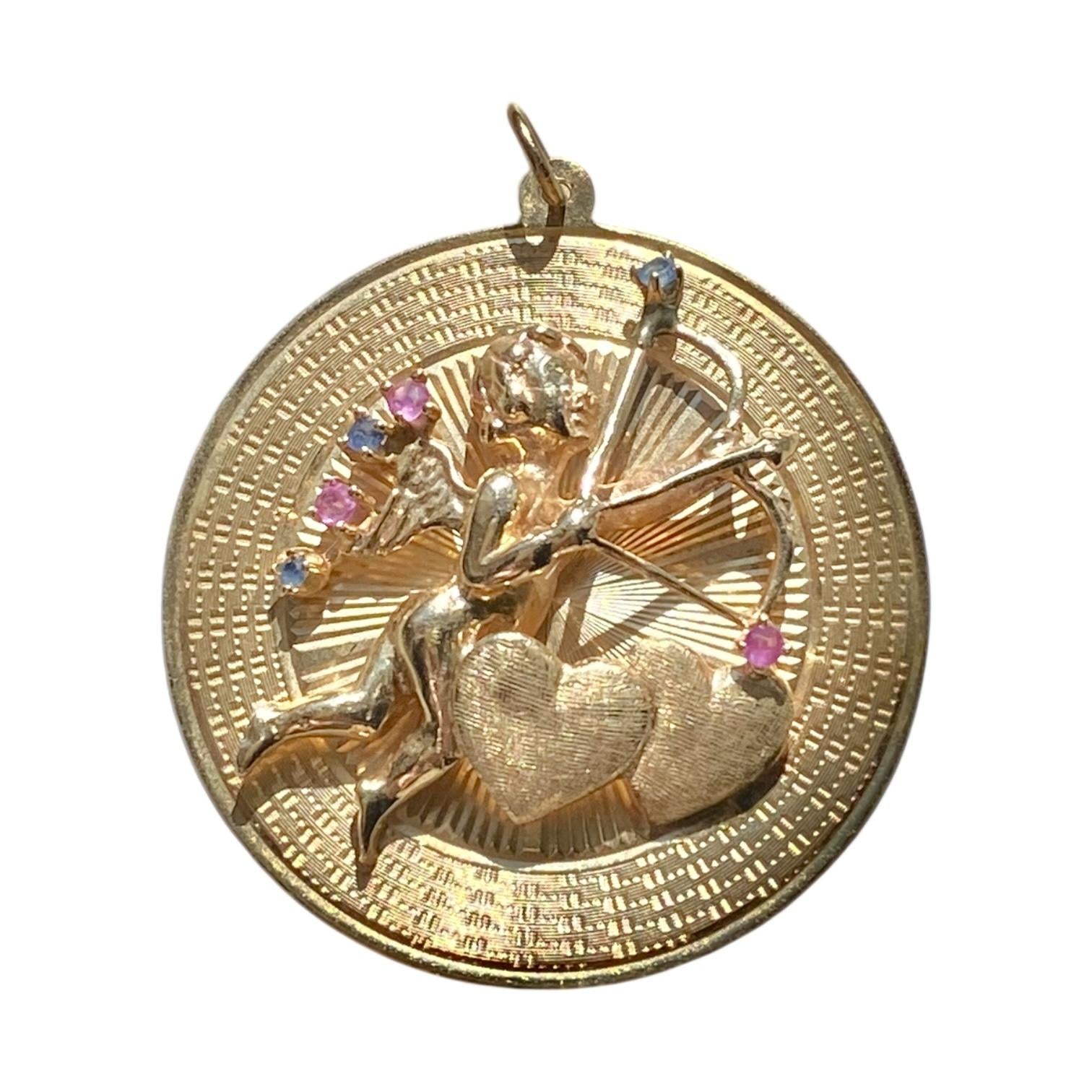 Vintage 10K Cupid and Hearts Large Disc Charm Pendant