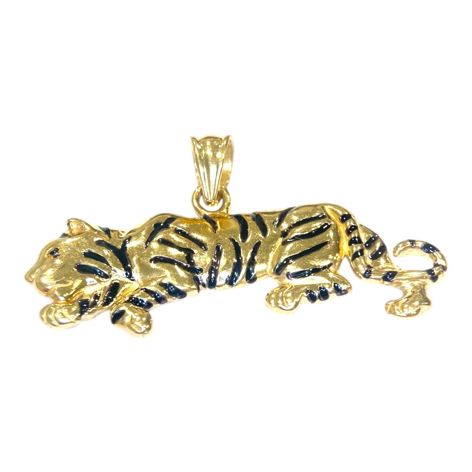 Vintage 14K Yellow Gold Black Enamel Tiger Pendant