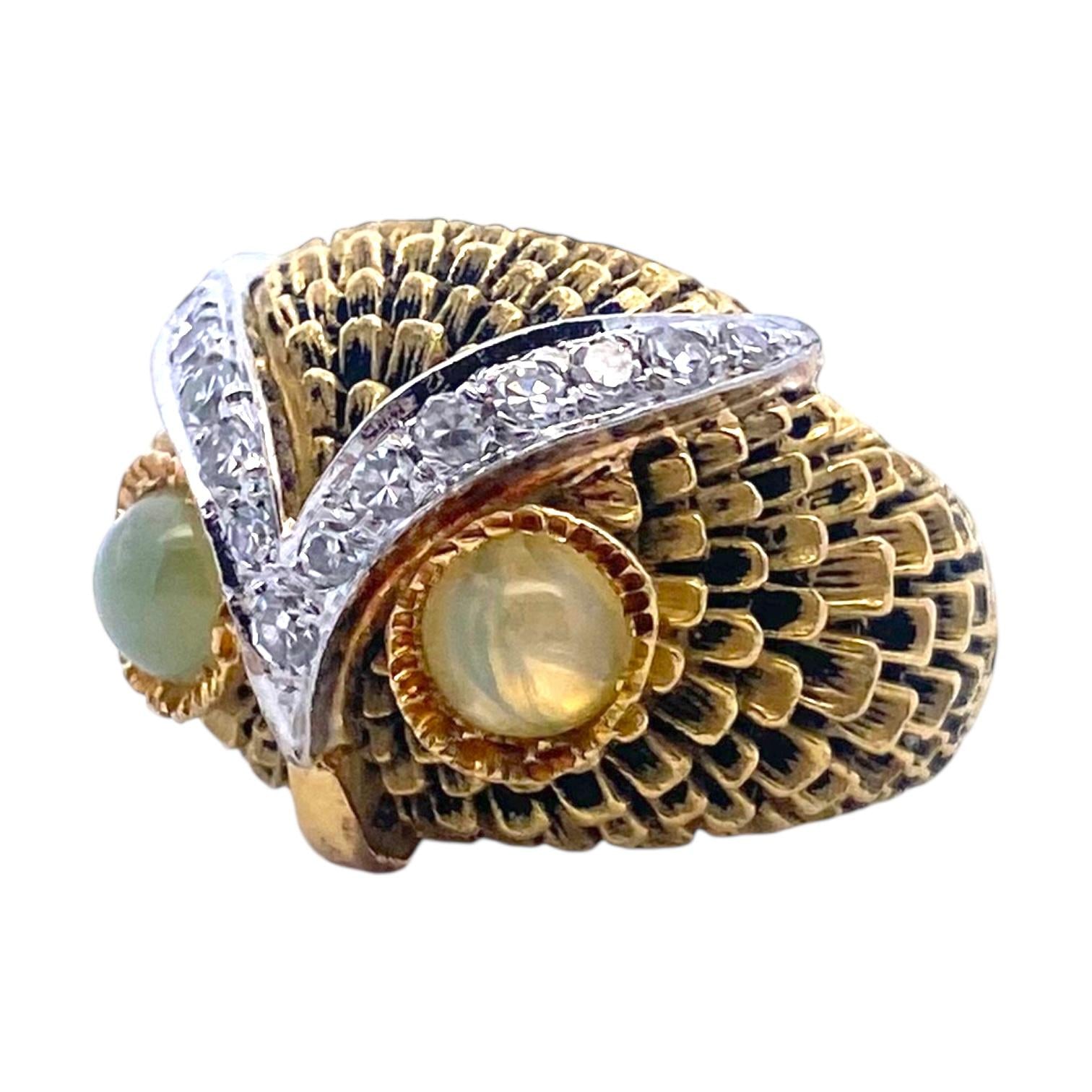 Vintage 18K Gold Diamond Owl Ring with Chrysoberyl Eyes